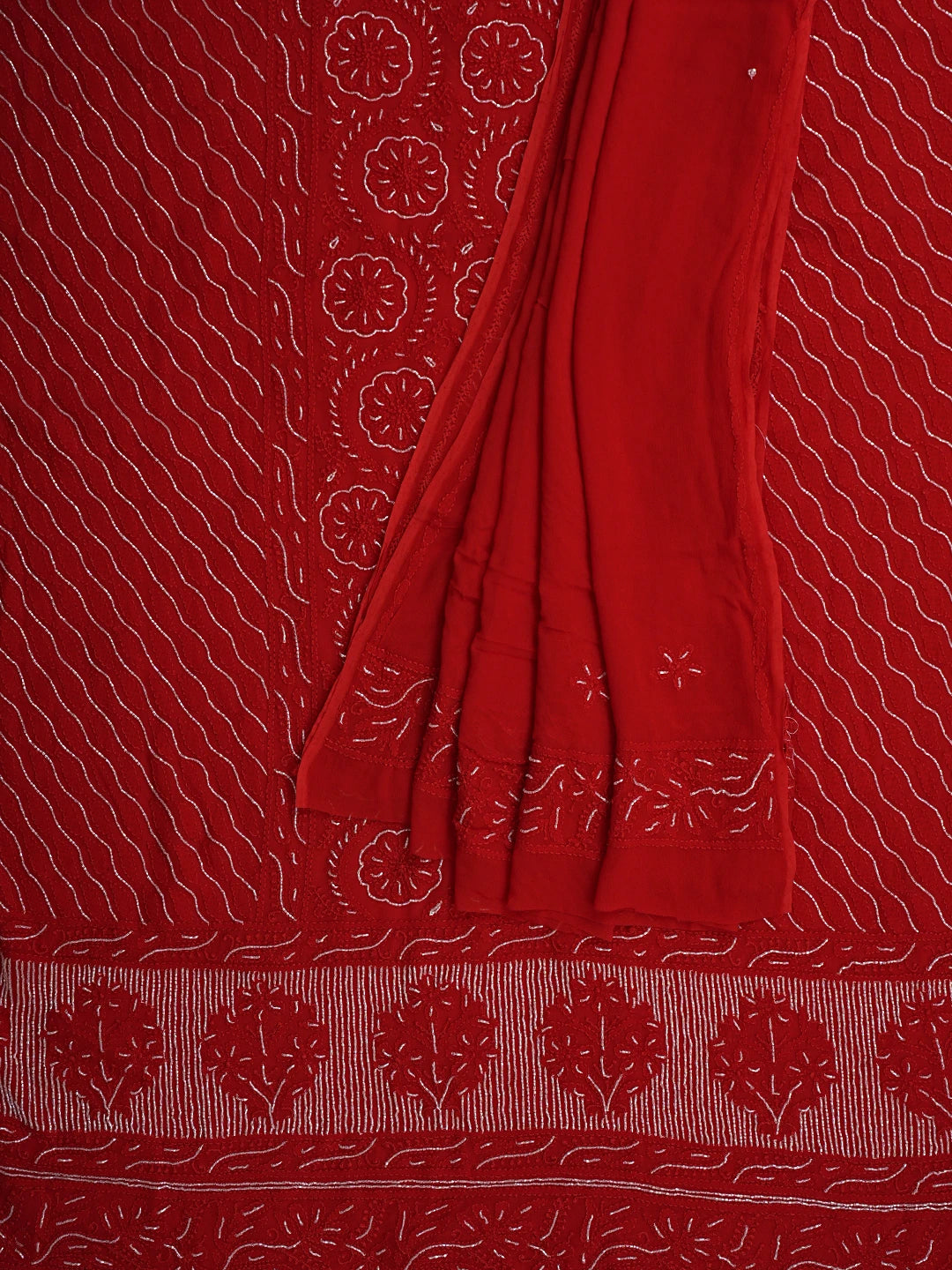 Ada Hand Embroidered Red Viscose Georgette Lucknowi Chikankari Unstitched Kurta Dupatta Set With Cutdana Work 01A850900