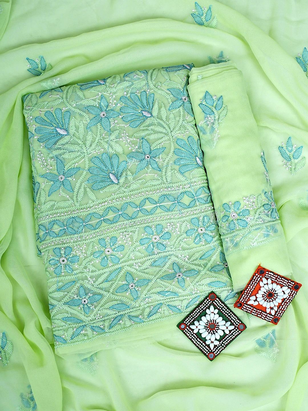 Ada Hand Embroidered Lime Green Georgette Lucknowi Chikankari Unstitched Suit Piece 01A931592