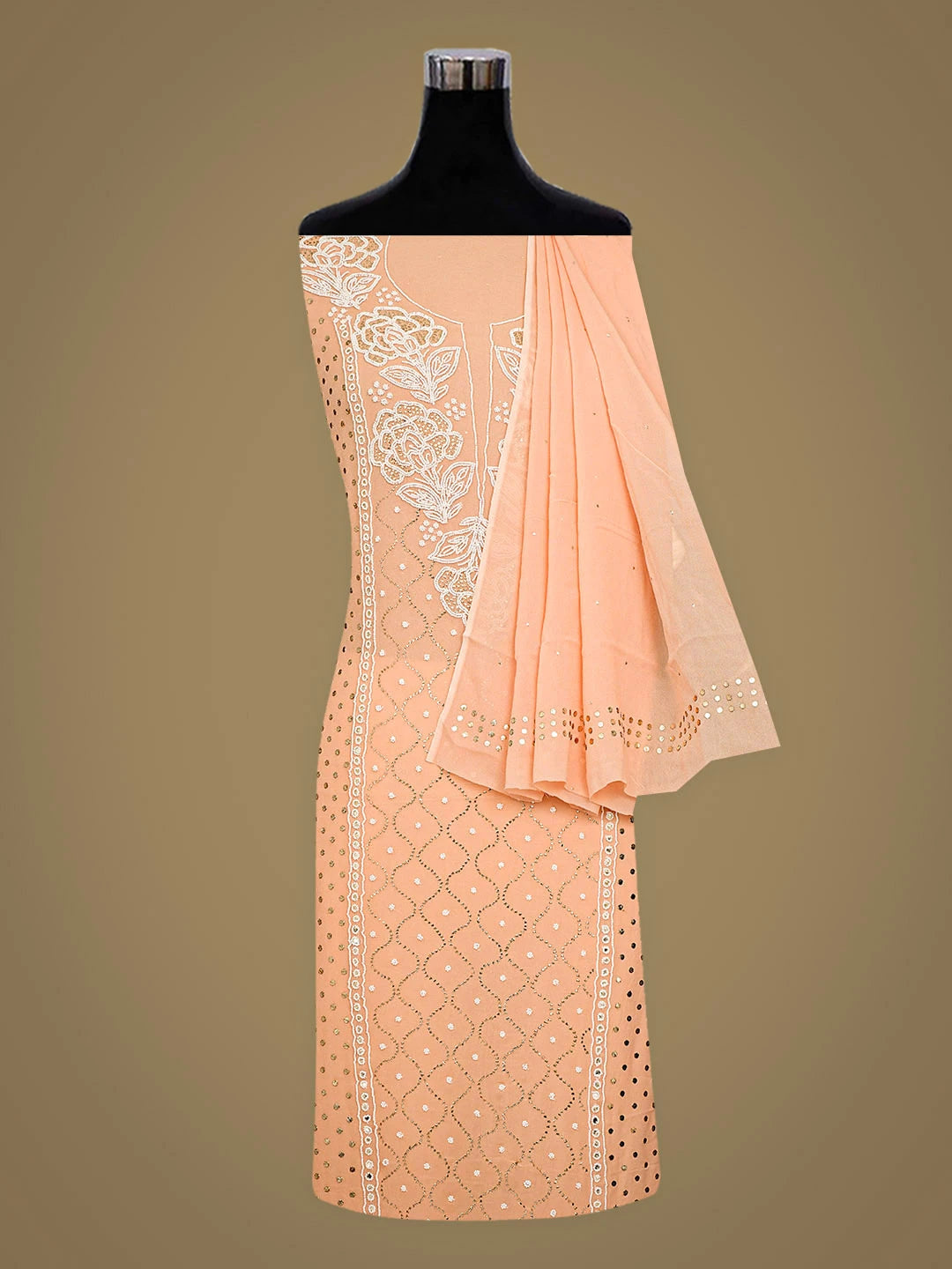 Ada Hand Embroidered Peach Viscose Georgette Unstitched Kurta Dupatta Set With Muqaish/Mukaish Work 01A911276