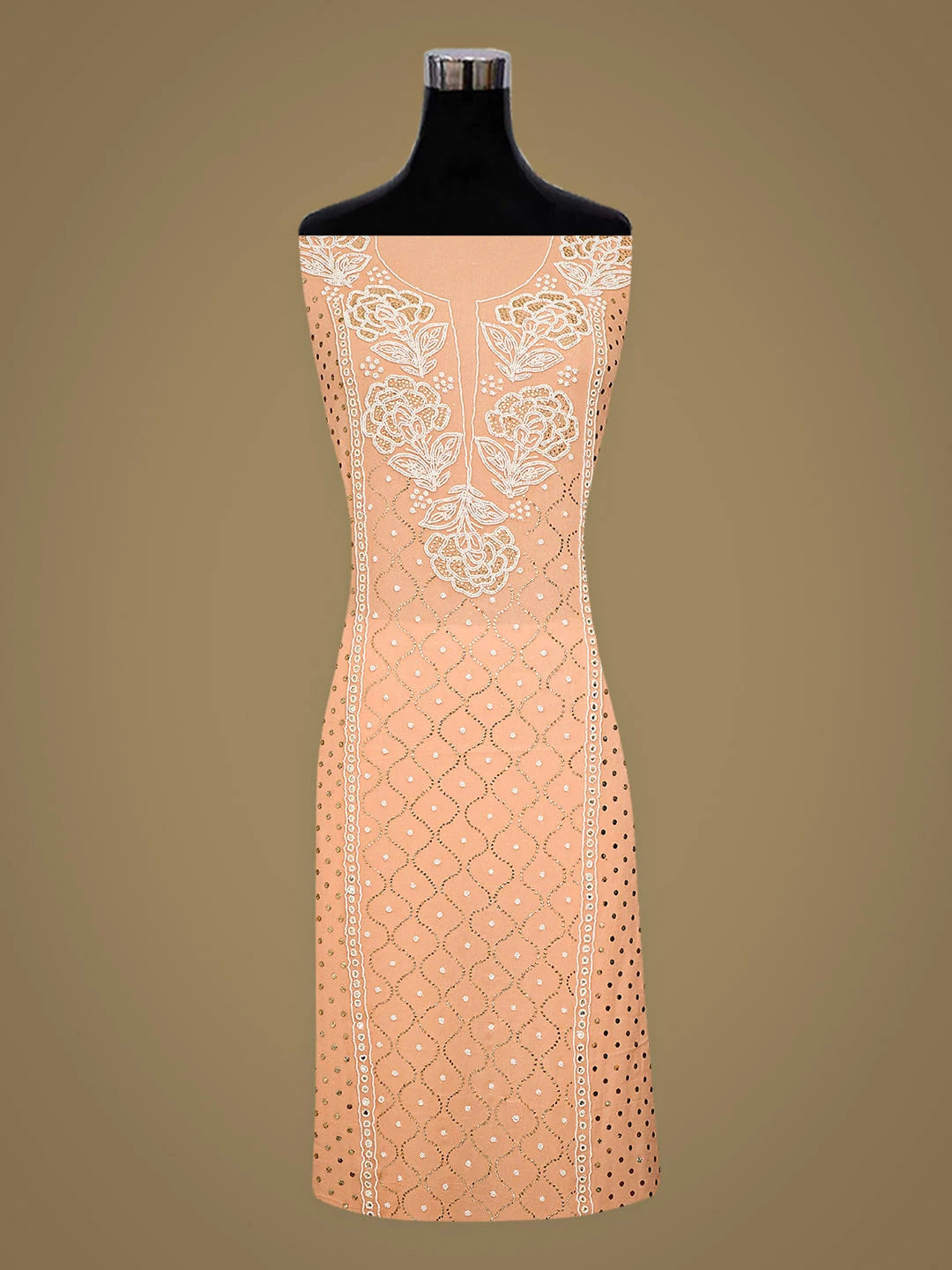 Ada Hand Embroidered Peach Viscose Georgette Unstitched Kurta Dupatta Set With Muqaish/Mukaish Work 01A911276