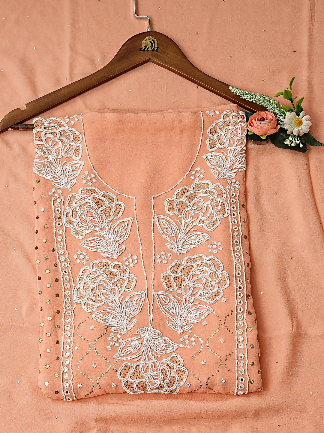 Ada Hand Embroidered Peach Viscose Georgette Unstitched Kurta Dupatta Set With Muqaish/Mukaish Work 01A911276