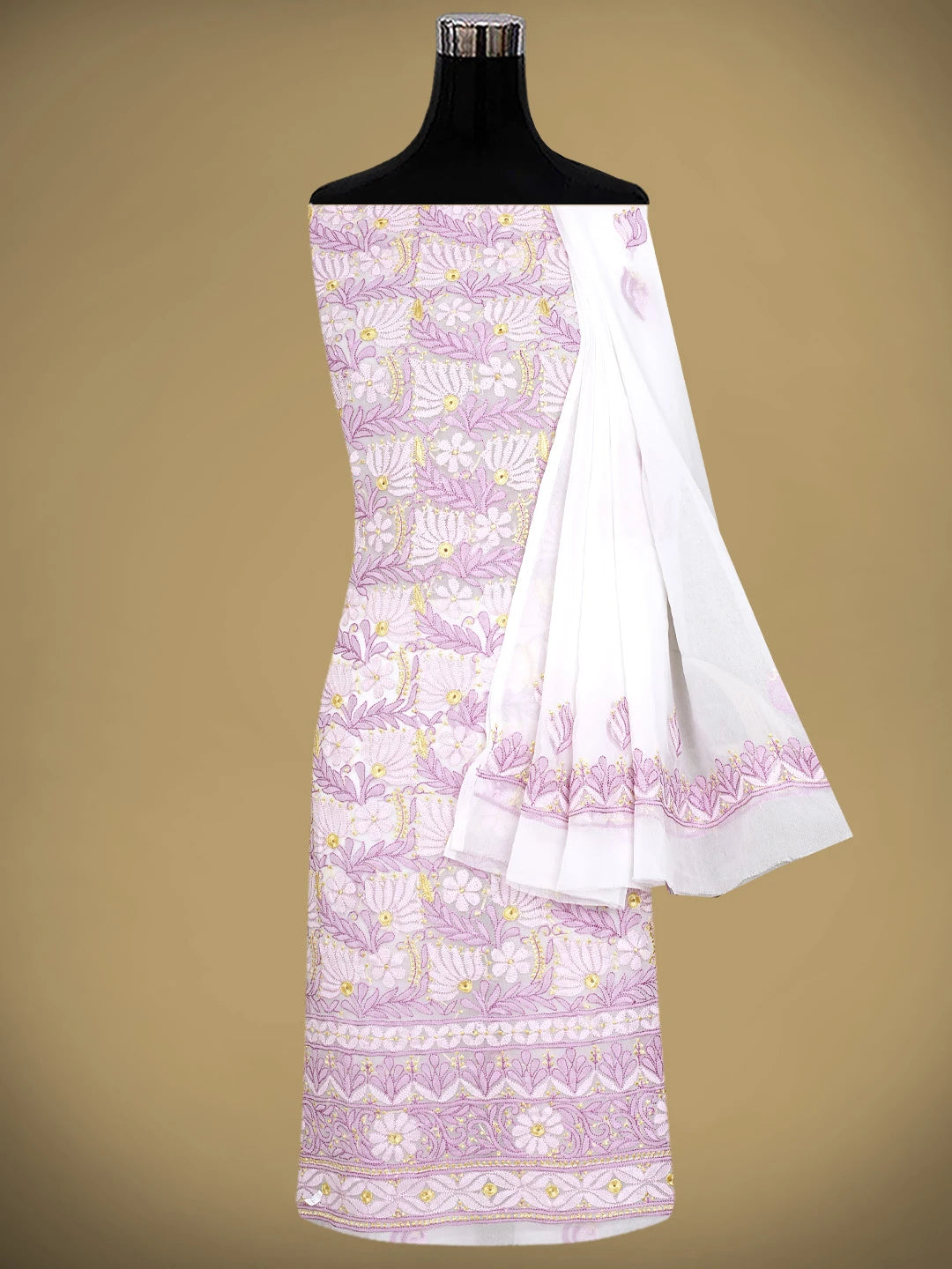 Ada Hand Embroidered White Parchment Faux Georgette Lucknowi Chikankari Unstitched Suit Piece 01A931601