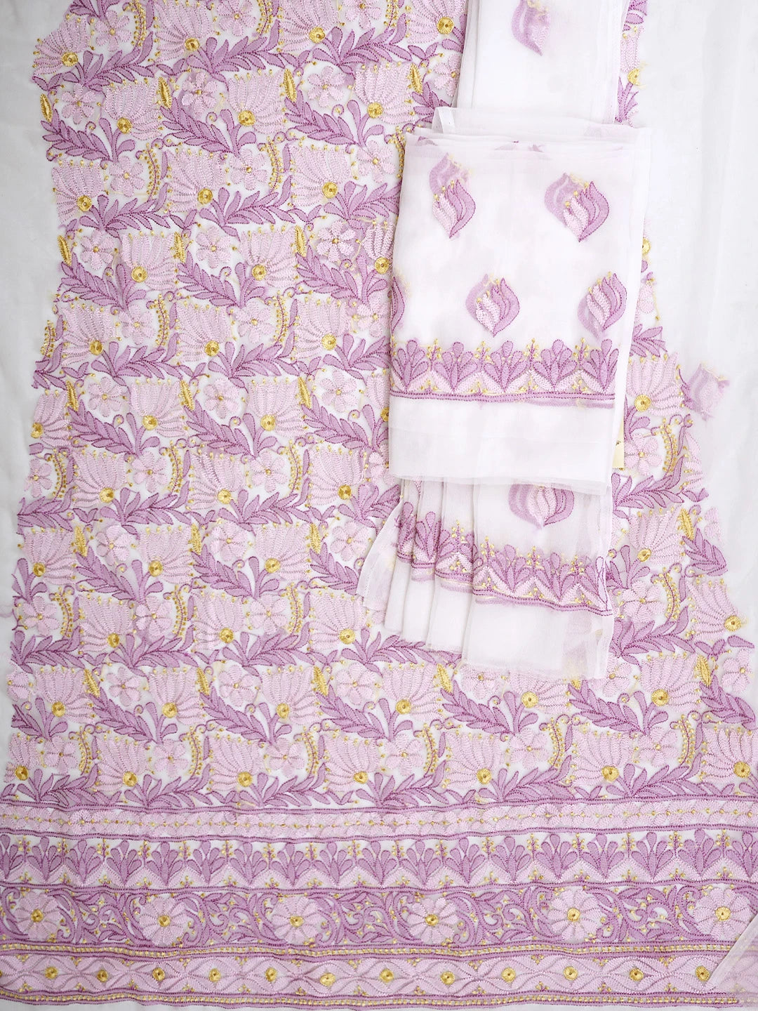 Ada Hand Embroidered White Parchment Faux Georgette Lucknowi Chikankari Unstitched Suit Piece 01A931601