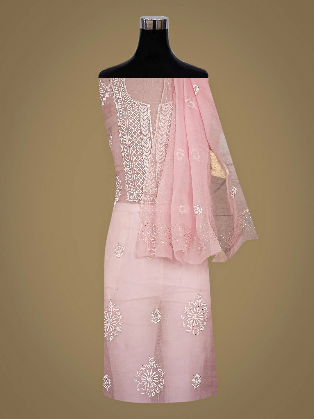Ada Hand Embroidered Pink Organza Lucknowi Chikankari Unstitched Kurta Dupatta Set With Muqaish/Mukaish Work 01A919855