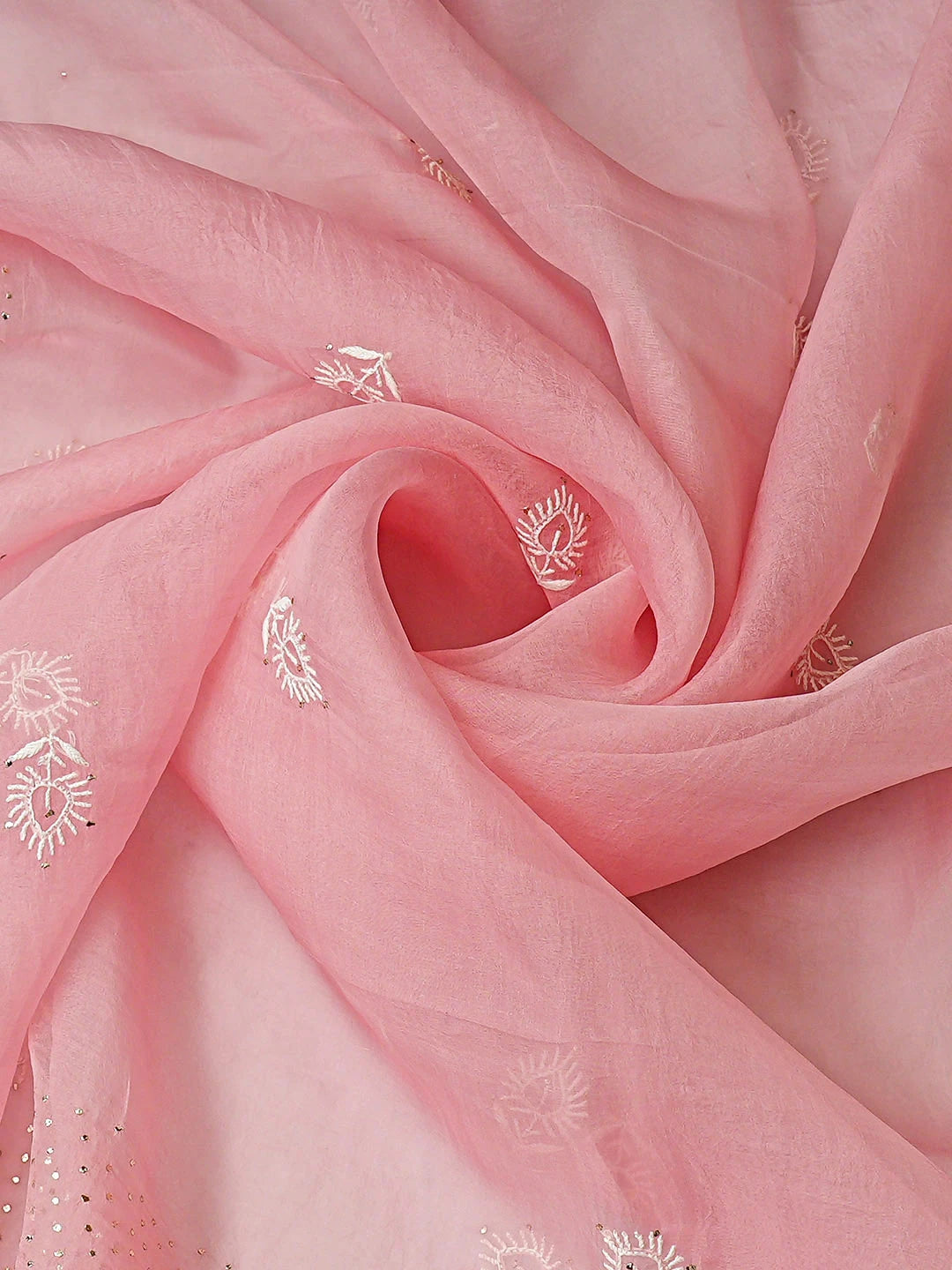 Ada Hand Embroidered Pink Organza Lucknowi Chikankari Unstitched Kurta Dupatta Set With Muqaish/Mukaish Work 01A919855