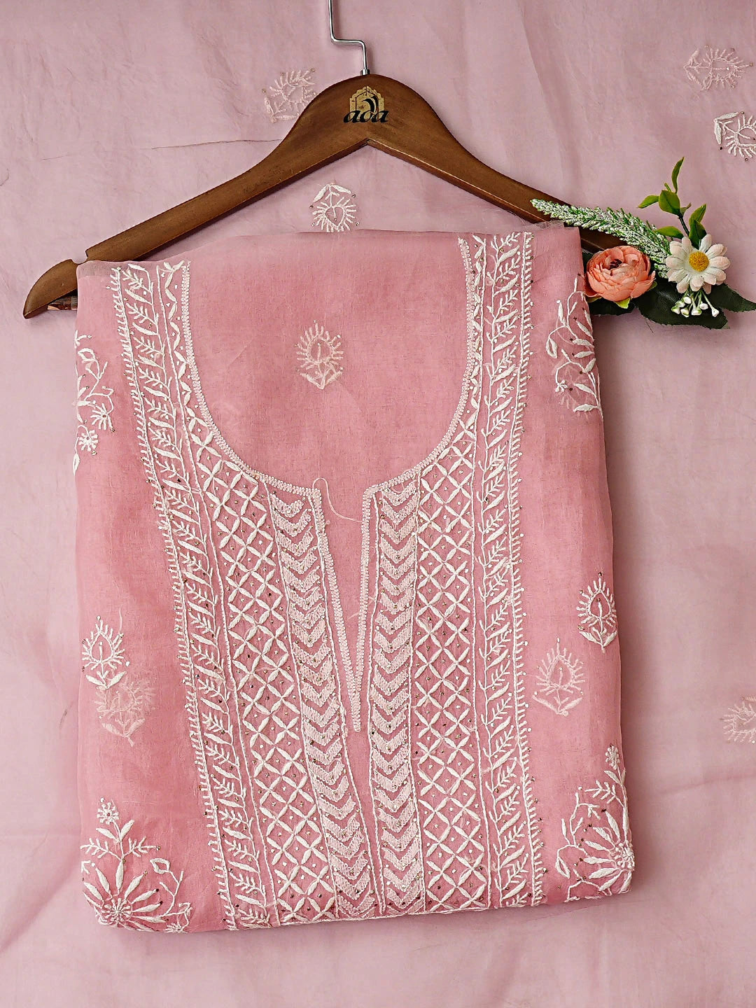 Ada Hand Embroidered Pink Organza Lucknowi Chikankari Unstitched Kurta Dupatta Set With Muqaish/Mukaish Work 01A919855
