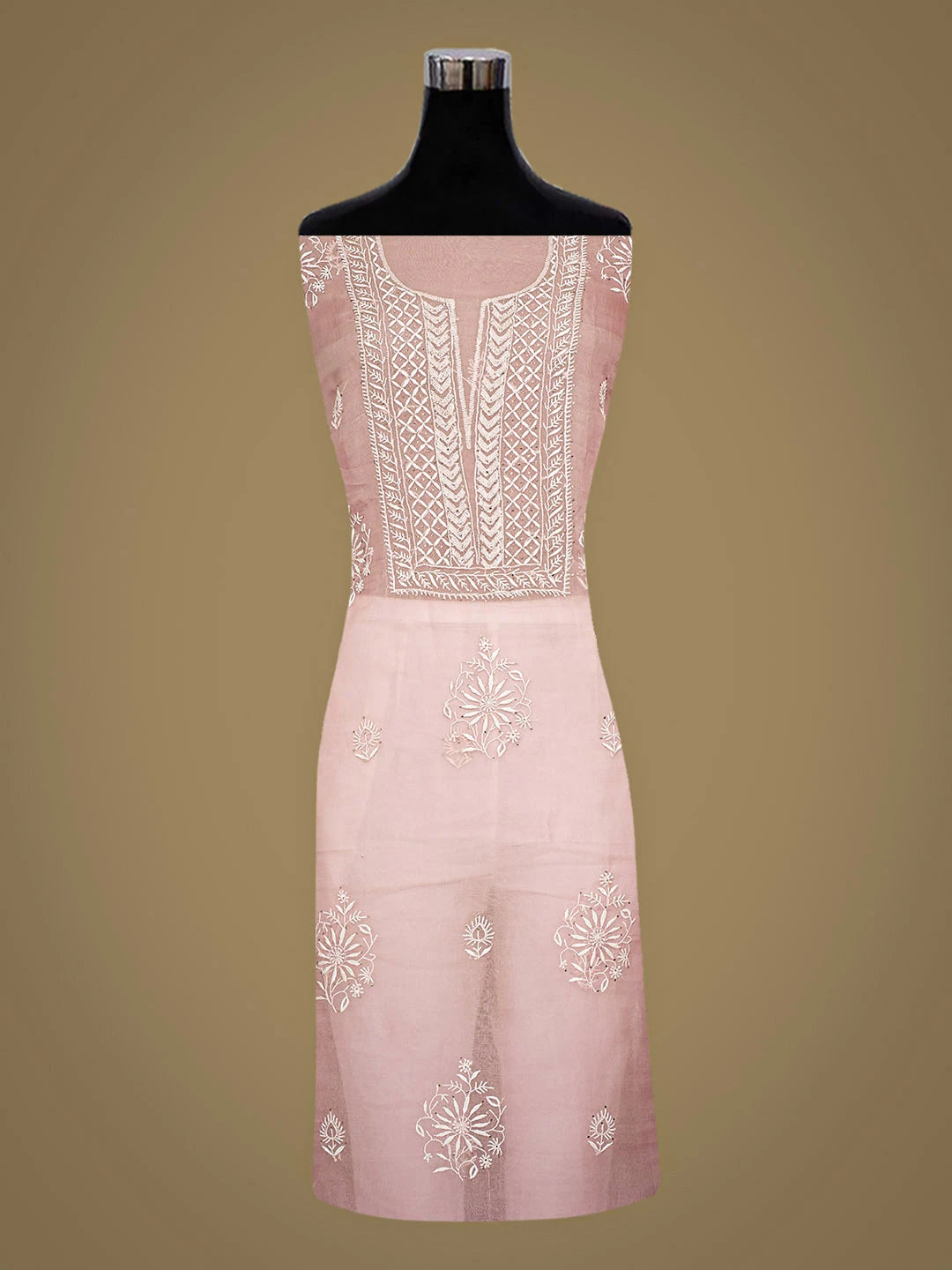 Ada Hand Embroidered Pink Organza Lucknowi Chikankari Unstitched Kurta Dupatta Set With Muqaish/Mukaish Work 01A919855
