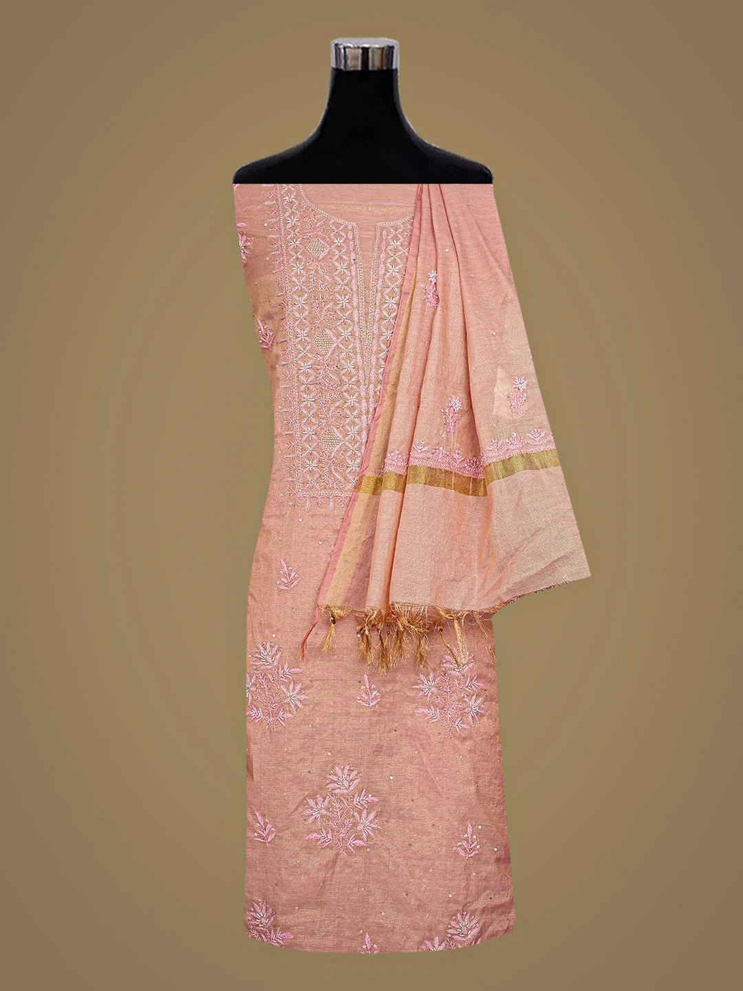 Ada Hand Embroidered Dusty Peach Tissue Lucknowi Chikankari Unstitched Kurta Dupatta Set With Cutdana Work 01A773136