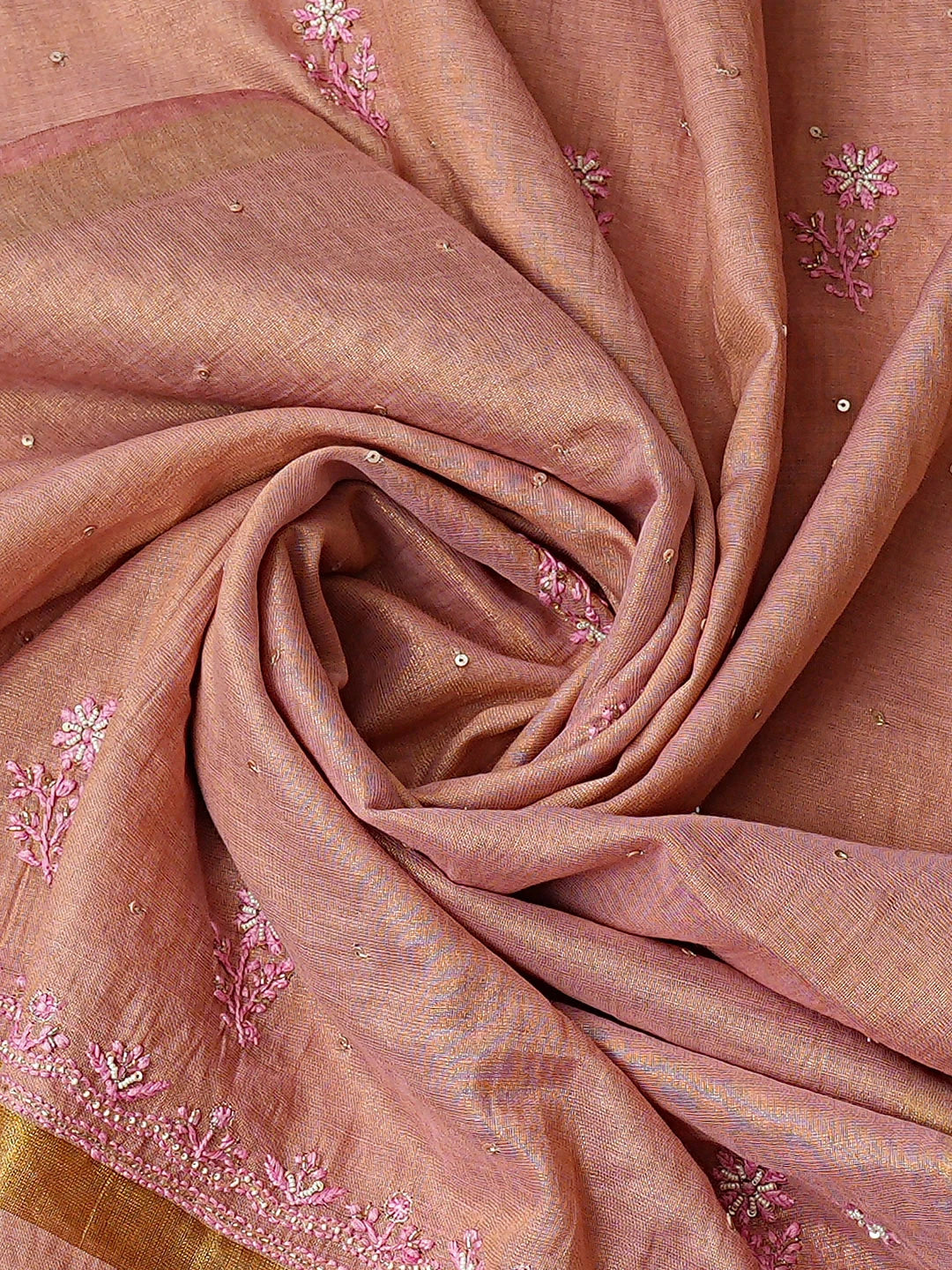 Ada Hand Embroidered Dusty Peach Tissue Lucknowi Chikankari Unstitched Kurta Dupatta Set With Cutdana Work 01A773136