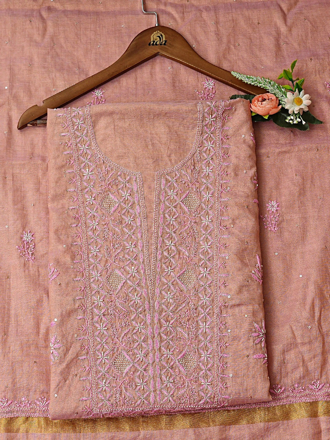 Ada Hand Embroidered Dusty Peach Tissue Lucknowi Chikankari Unstitched Kurta Dupatta Set With Cutdana Work 01A773136