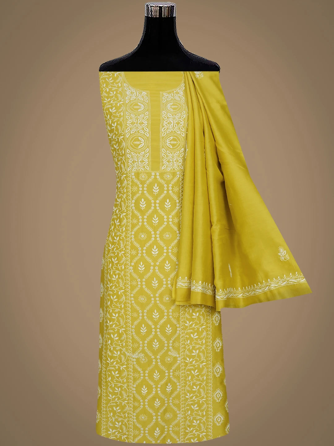 Ada Hand Embroidered Mehandi Green Chanderi Lucknowi Chikankari Unstitched Kurta Dupatta Set 01A932544