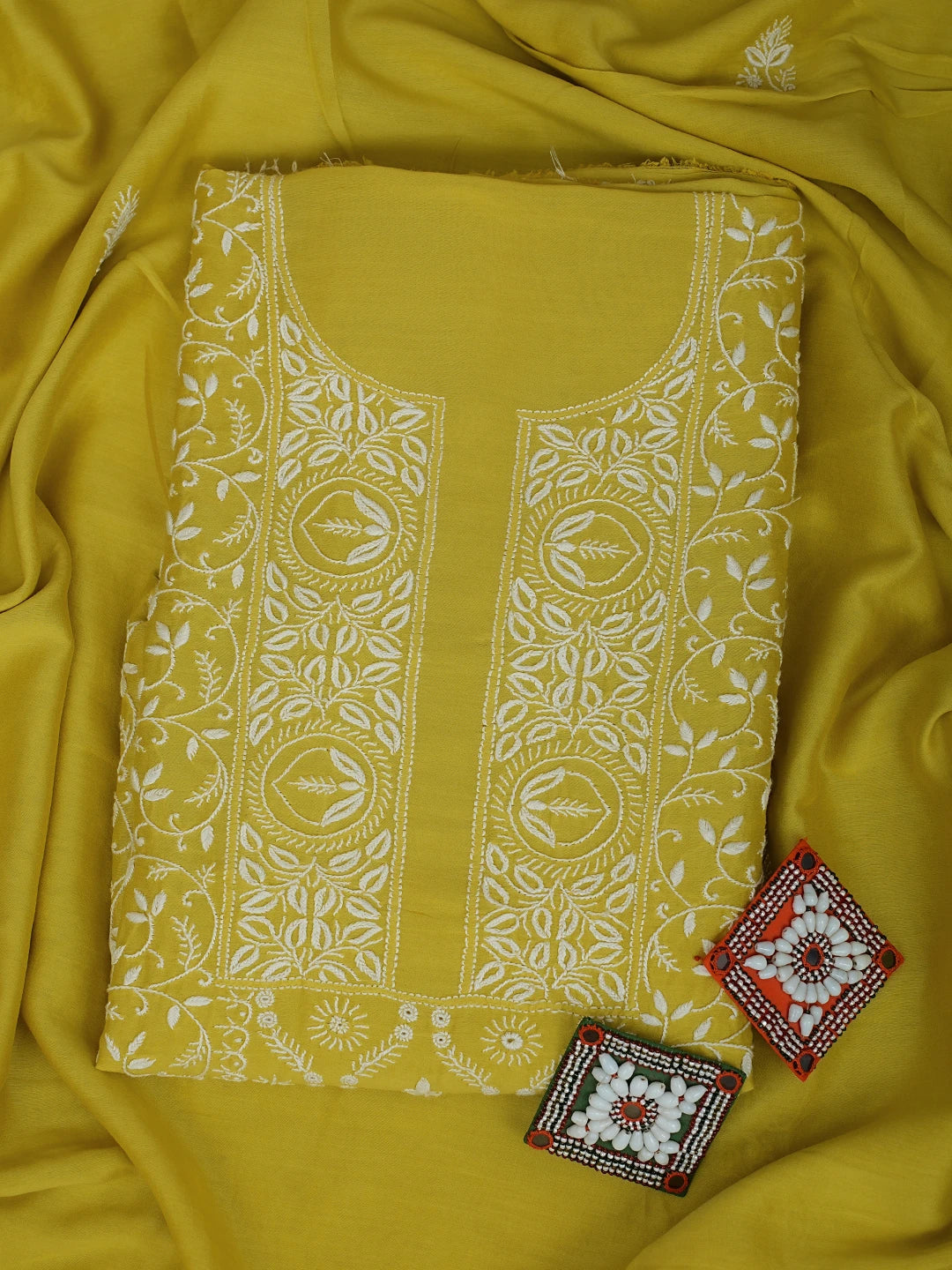 Ada Hand Embroidered Mehandi Green Chanderi Lucknowi Chikankari Unstitched Kurta Dupatta Set 01A932544
