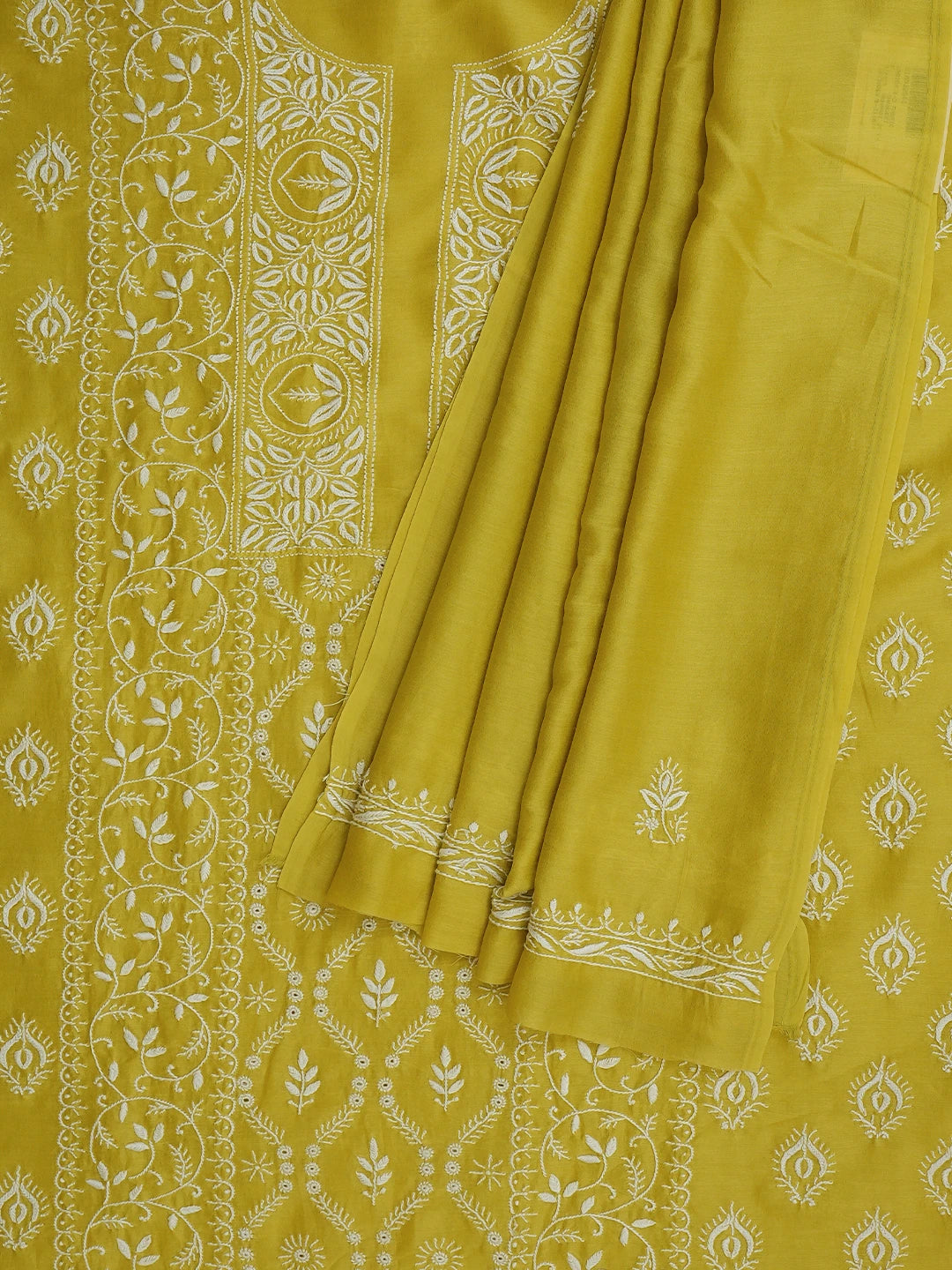 Ada Hand Embroidered Mehandi Green Chanderi Lucknowi Chikankari Unstitched Kurta Dupatta Set 01A932544
