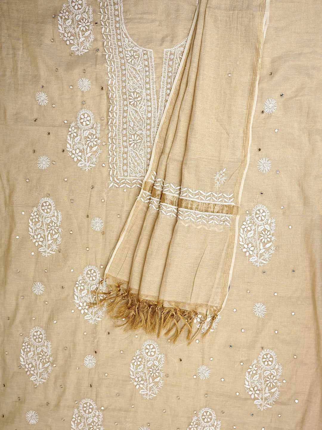 Ada Hand Embroidered Fawn Tissue Lucknowi Chikankari Unstitched Kurta Dupatta Set With Cutdana Work 01A932009