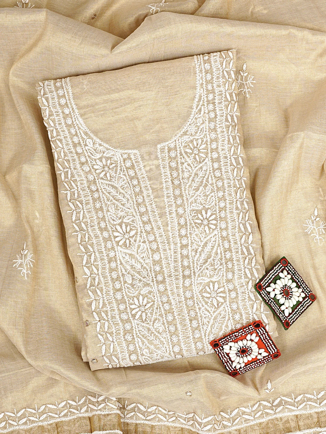 Ada Hand Embroidered Fawn Tissue Lucknowi Chikankari Unstitched Kurta Dupatta Set With Cutdana Work 01A932009