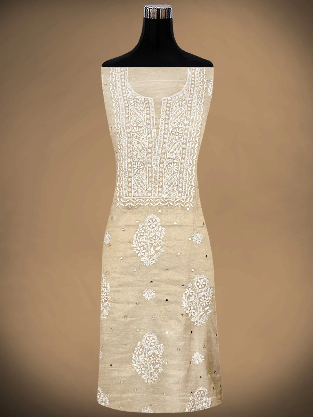 Ada Hand Embroidered Fawn Tissue Lucknowi Chikankari Unstitched Kurta Dupatta Set With Cutdana Work 01A932009