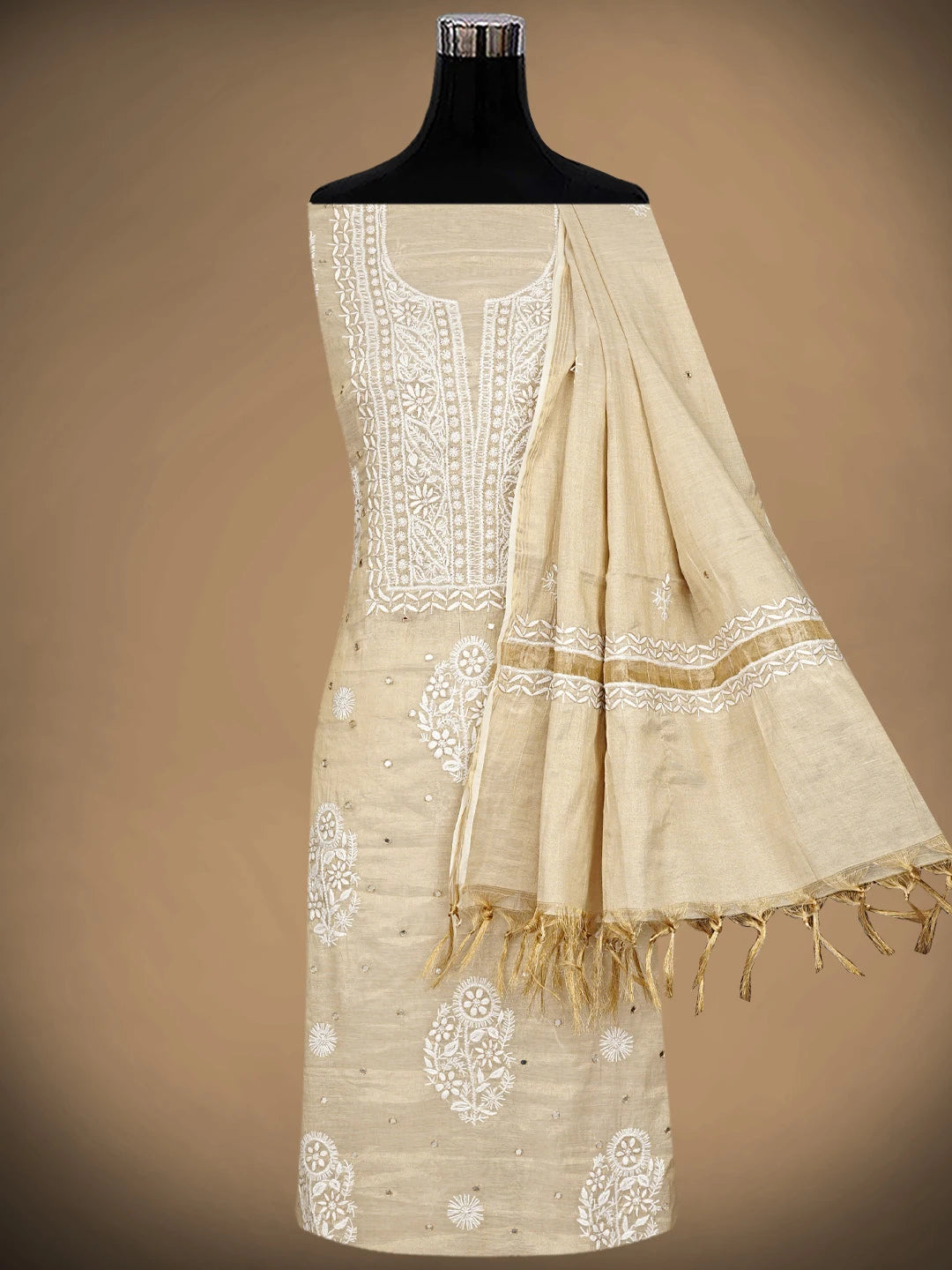 Ada Hand Embroidered Fawn Tissue Lucknowi Chikankari Unstitched Kurta Dupatta Set With Cutdana Work 01A932009