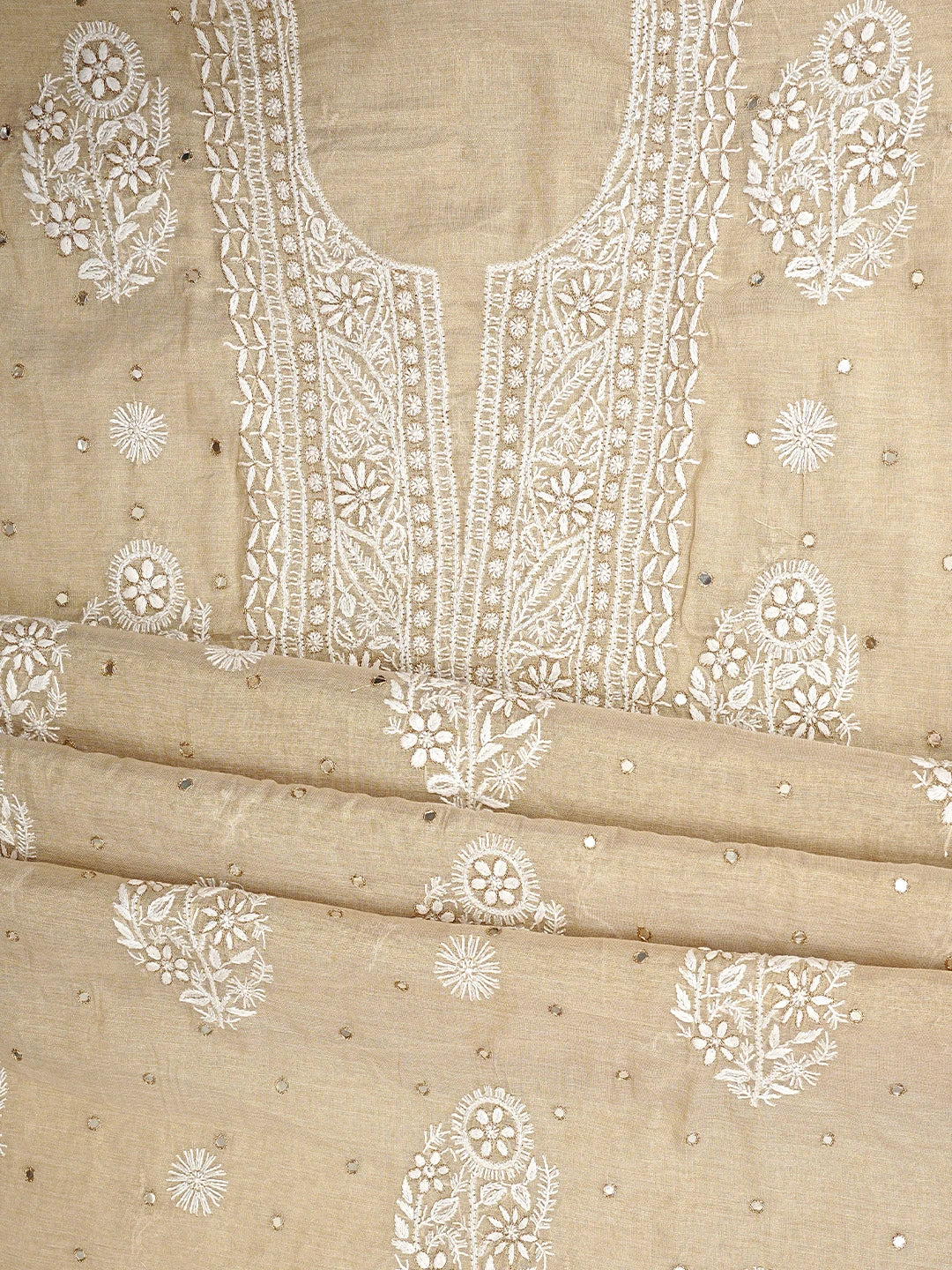 Ada Hand Embroidered Fawn Tissue Lucknowi Chikankari Unstitched Kurta Dupatta Set With Cutdana Work 01A932009