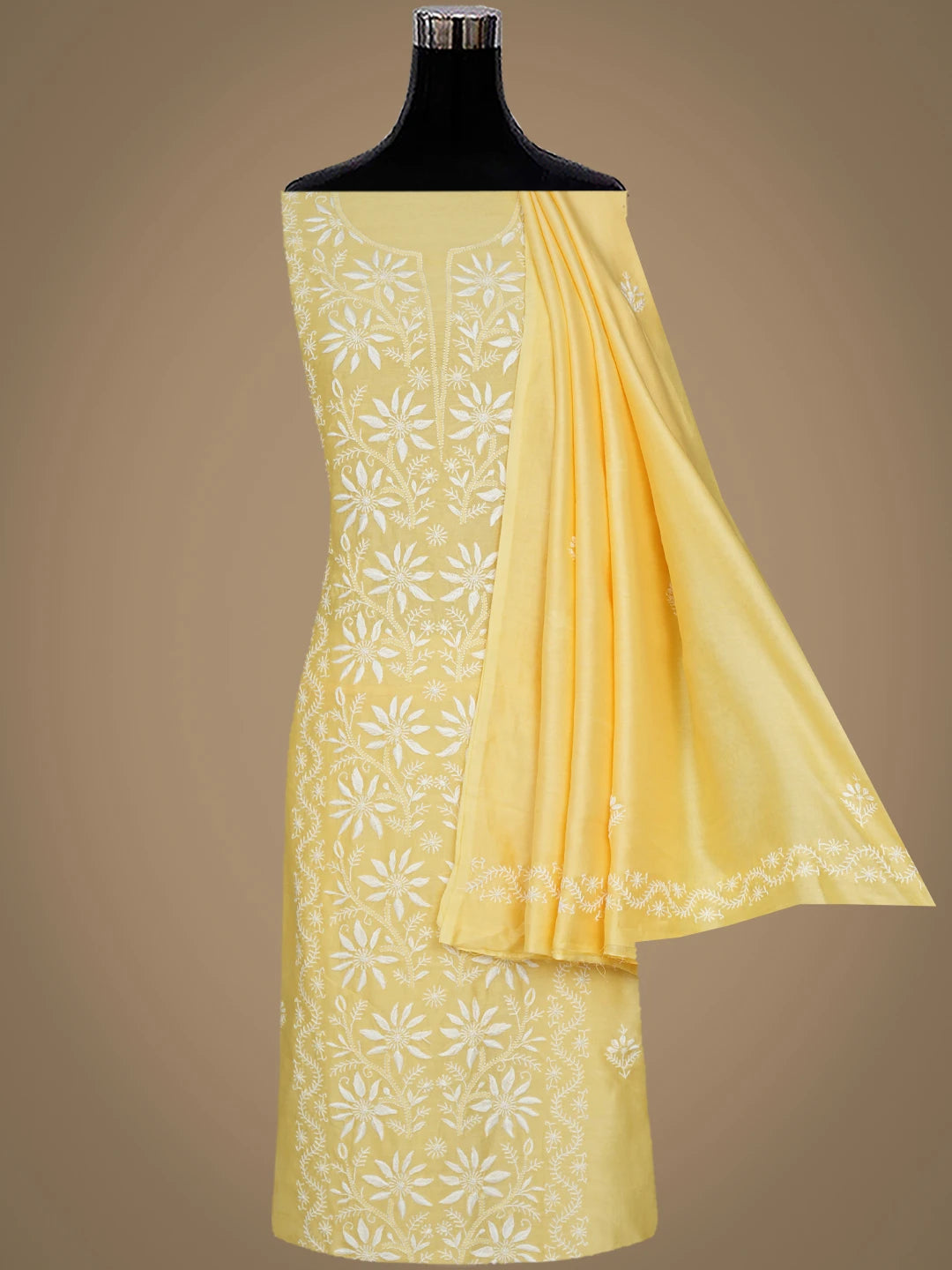 Ada Hand Embroidered Lemon Chanderi Lucknowi Chikankari Unstitched Kurta Dupatta Set 01A932531
