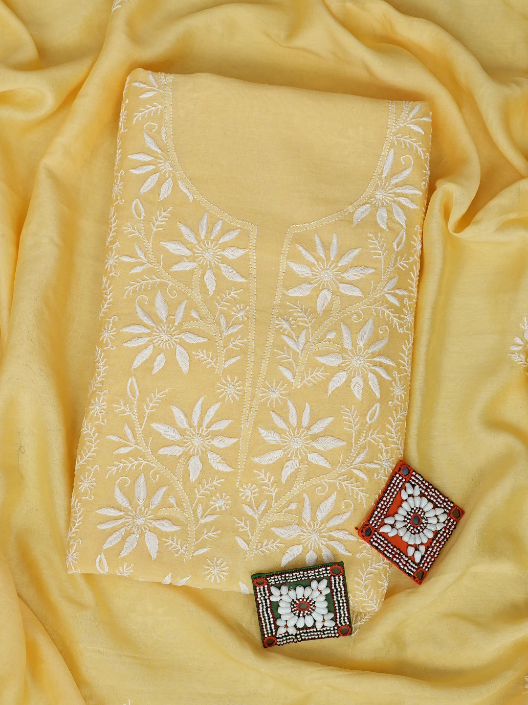 Ada Hand Embroidered Lemon Chanderi Lucknowi Chikankari Unstitched Kurta Dupatta Set 01A932531