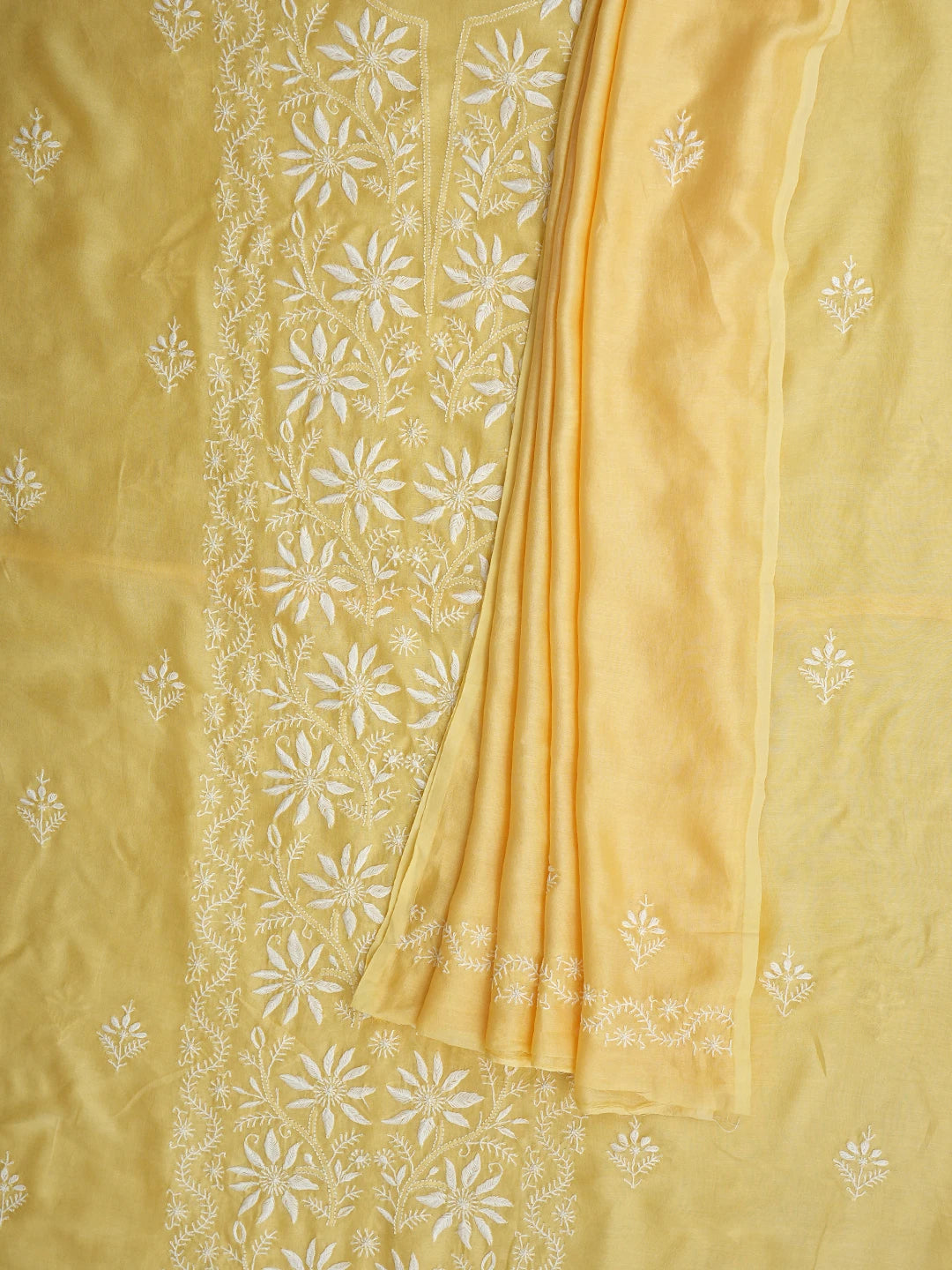Ada Hand Embroidered Lemon Chanderi Lucknowi Chikankari Unstitched Kurta Dupatta Set 01A932531