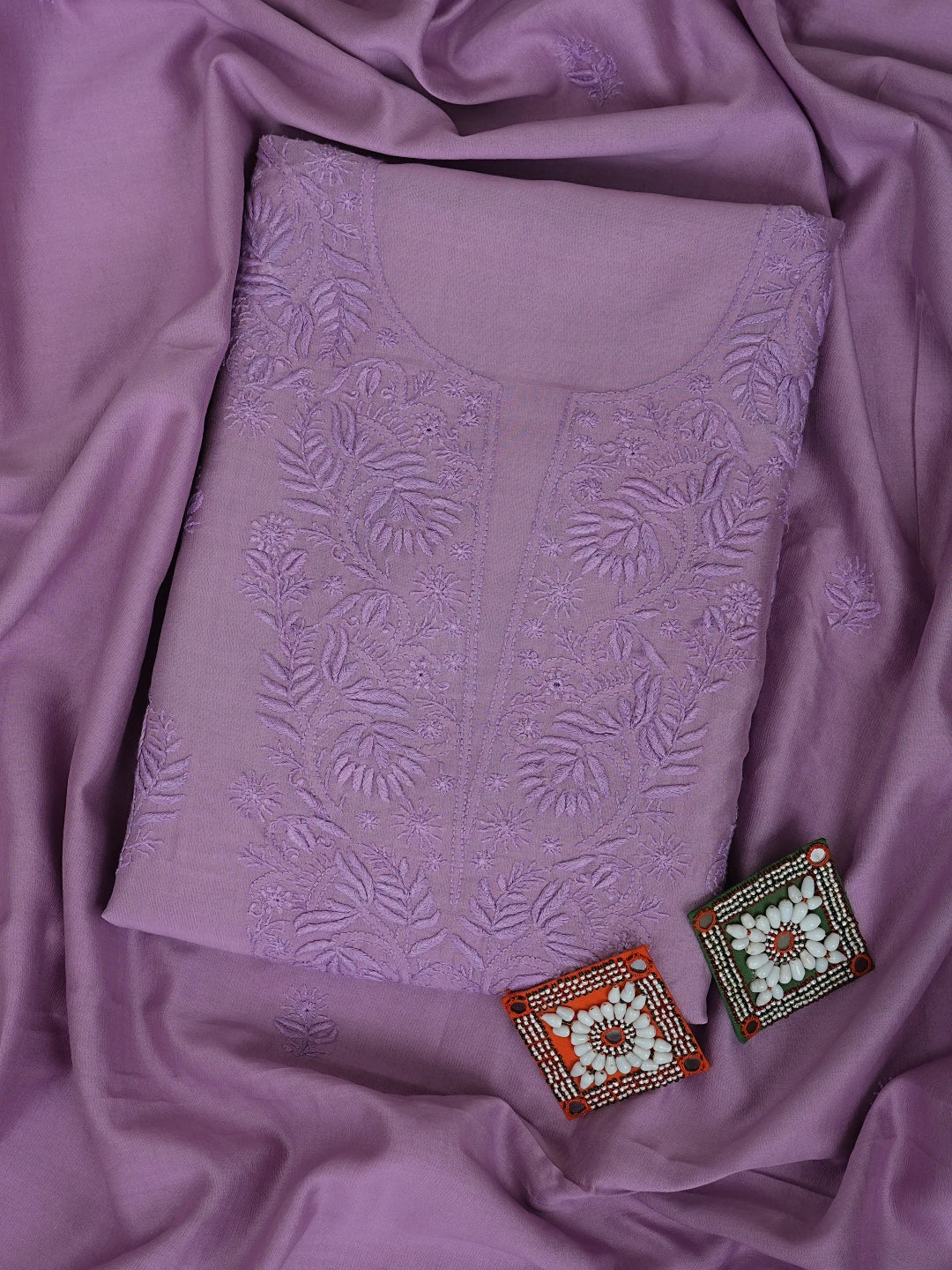 Ada Hand Embroidered Mauve Chanderi Lucknowi Chikankari Kurta Dupatta Set 01A932535