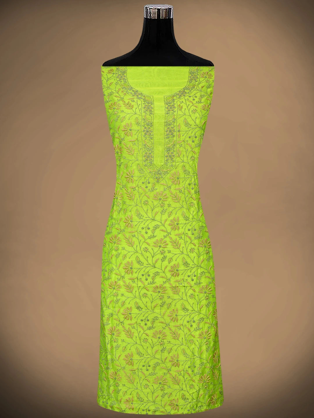 Ada Hand Embroidered Yellow Green Chanderi Lucknowi Chikankari Unstitched Kurta Dupatta Set 01A907753