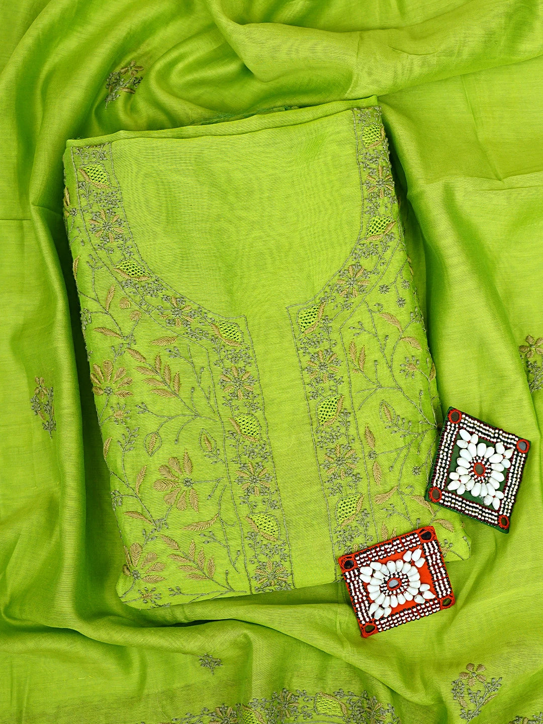 Ada Hand Embroidered Yellow Green Chanderi Lucknowi Chikankari Unstitched Kurta Dupatta Set 01A907753
