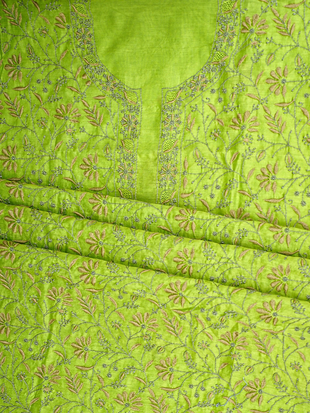 Ada Hand Embroidered Yellow Green Chanderi Lucknowi Chikankari Unstitched Kurta Dupatta Set 01A907753