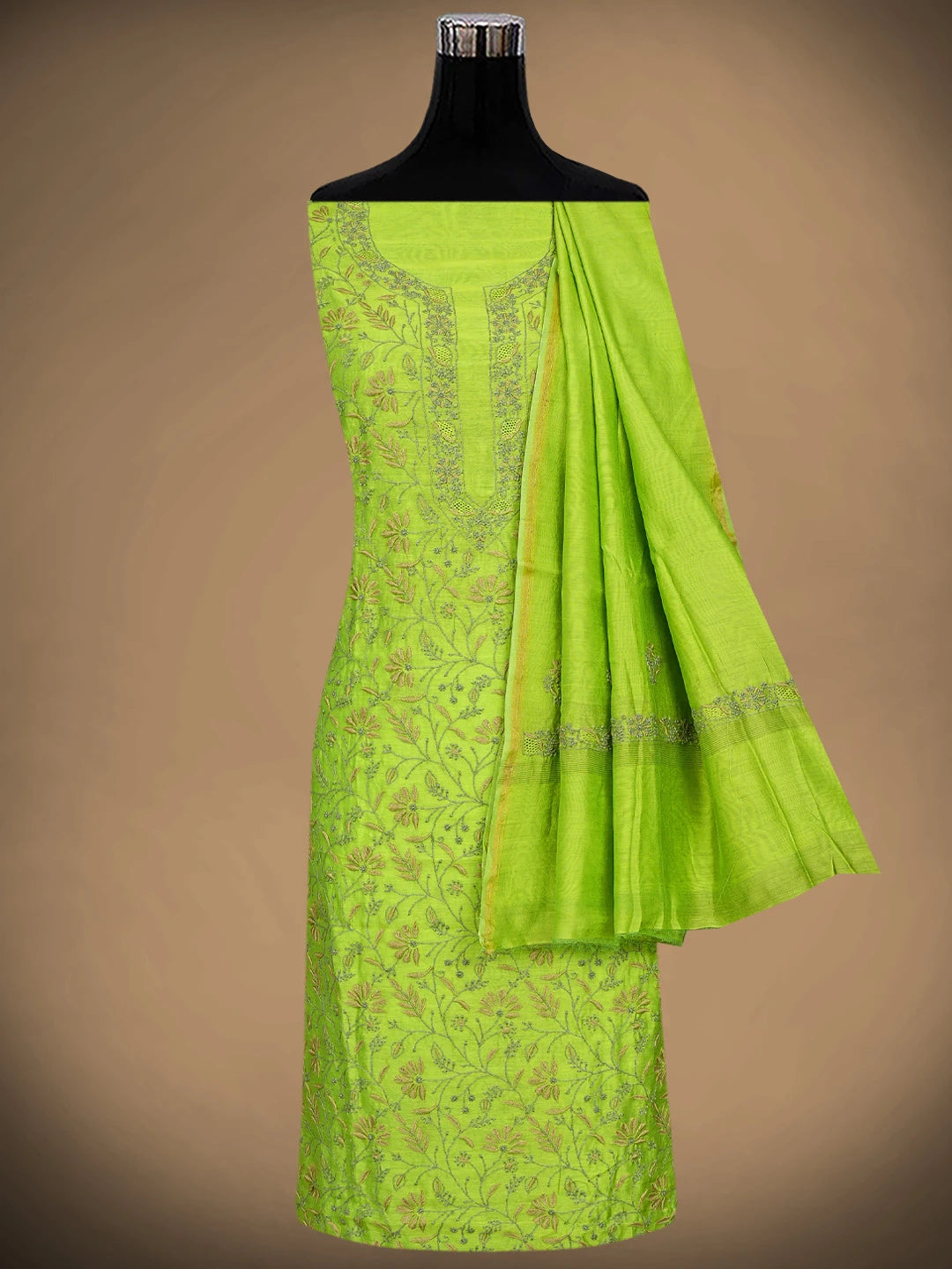 Ada Hand Embroidered Yellow Green Chanderi Lucknowi Chikankari Unstitched Kurta Dupatta Set 01A907753