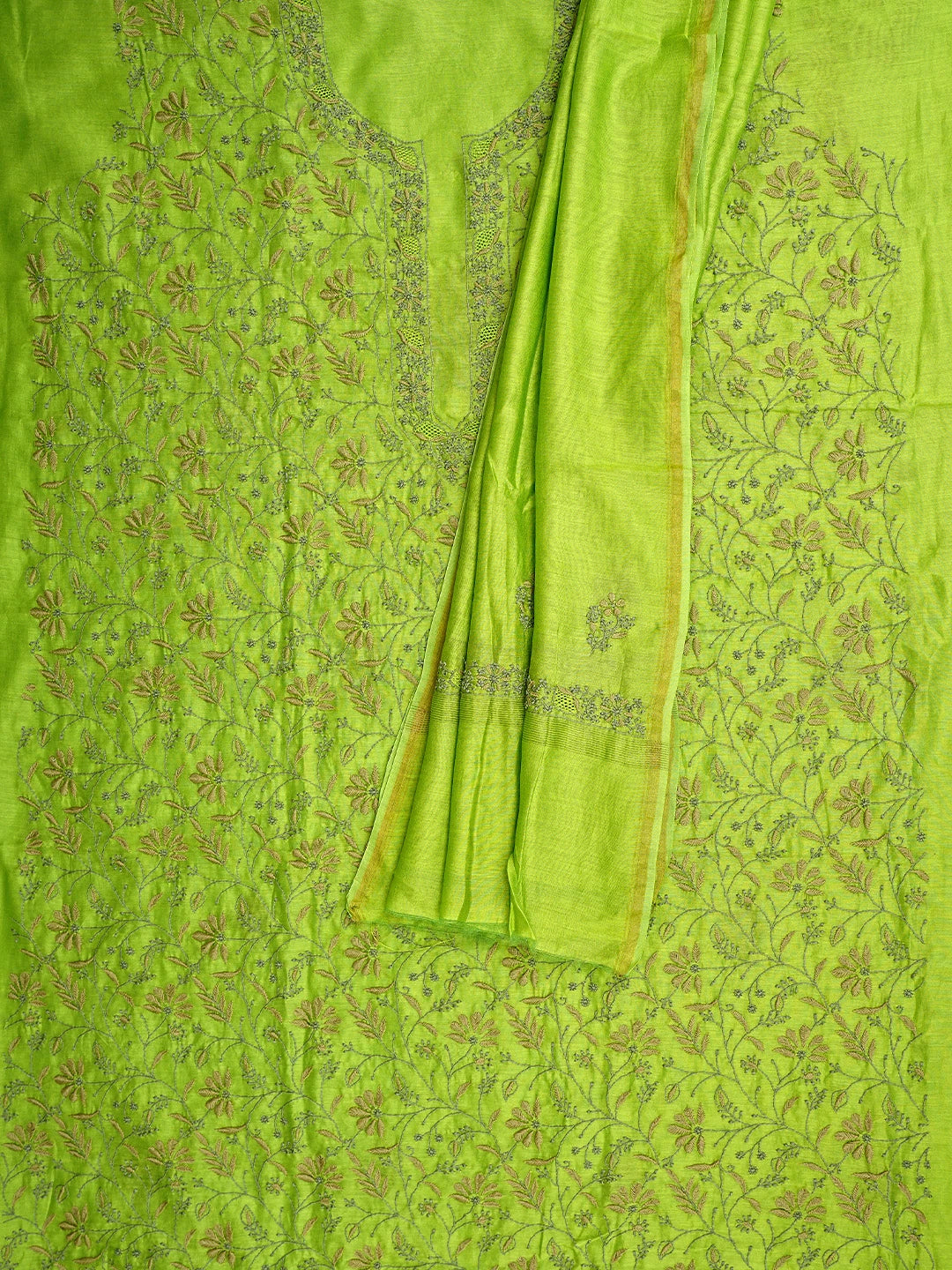 Ada Hand Embroidered Yellow Green Chanderi Lucknowi Chikankari Unstitched Kurta Dupatta Set 01A907753