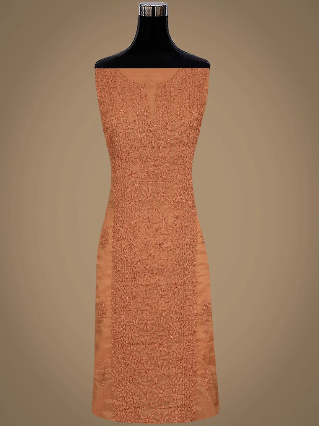 Ada Hand Embroidered Cinnamon brown Chanderi Lucknowi Chikankari Unstitched Kurta Dupatta Set 01A890064