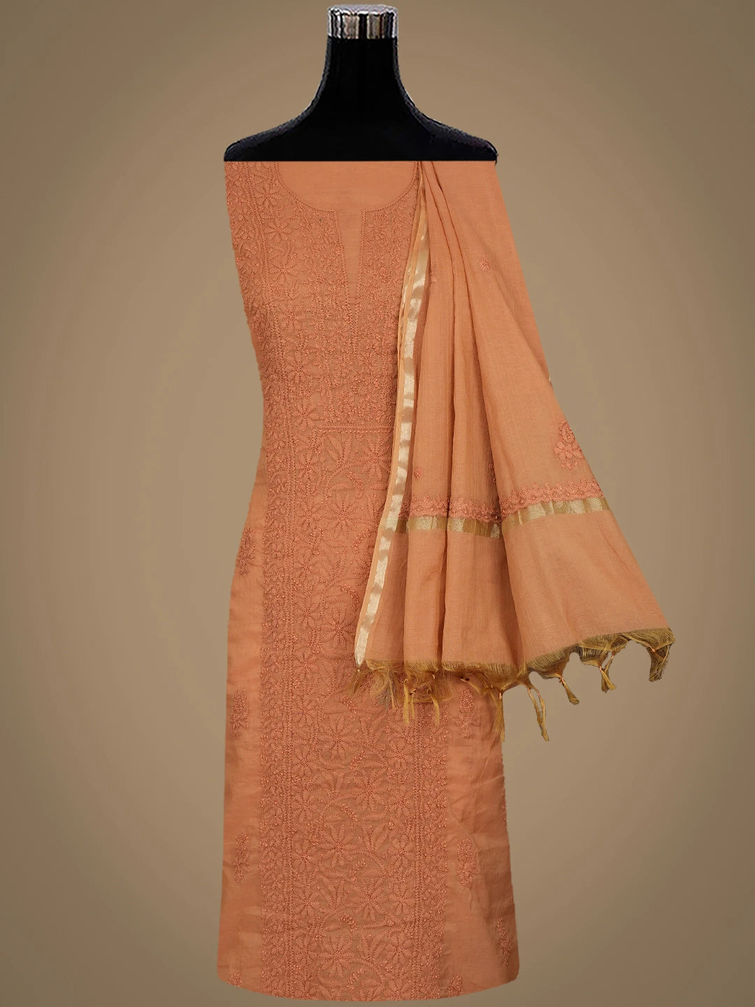 Ada Hand Embroidered Cinnamon brown Chanderi Lucknowi Chikankari Unstitched Kurta Dupatta Set 01A890064