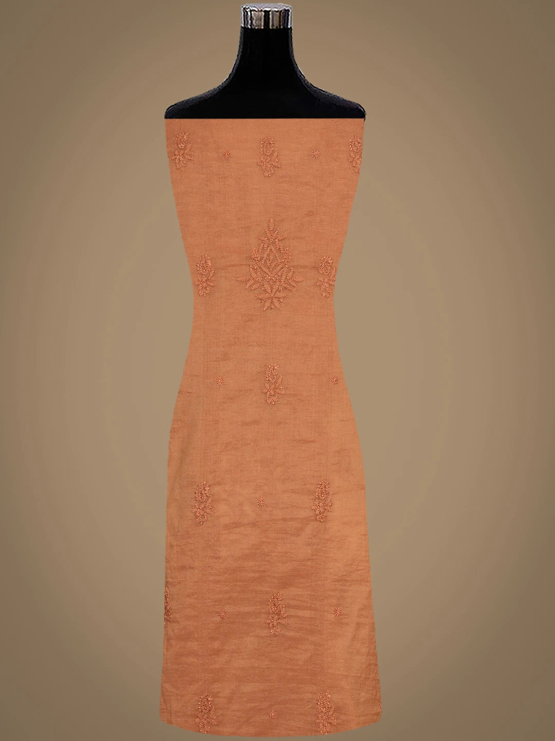 Ada Hand Embroidered Cinnamon brown Chanderi Lucknowi Chikankari Unstitched Kurta Dupatta Set 01A890064