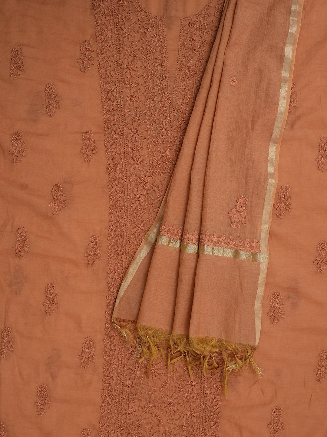 Ada Hand Embroidered Cinnamon brown Chanderi Lucknowi Chikankari Unstitched Kurta Dupatta Set 01A890064