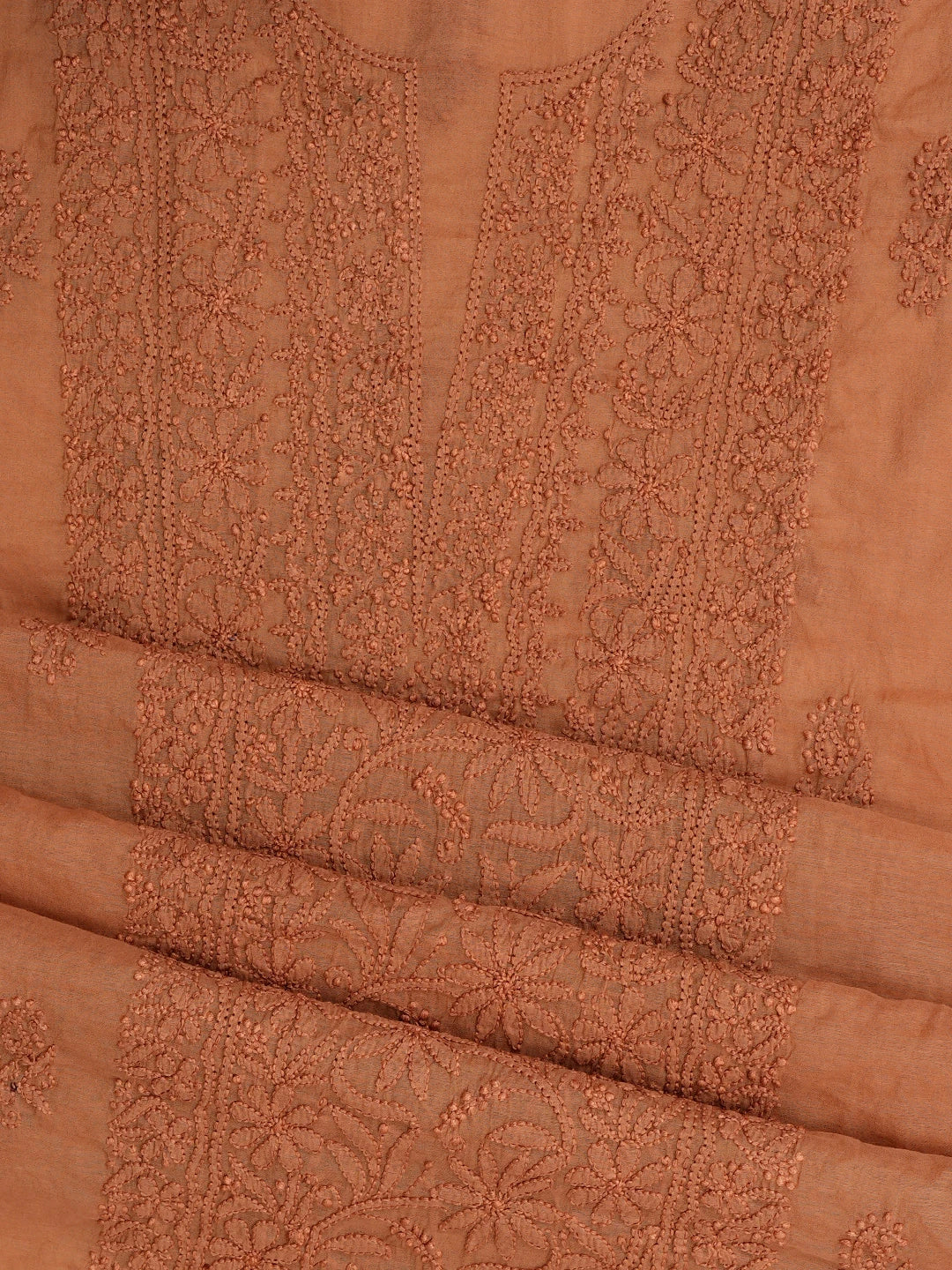 Ada Hand Embroidered Cinnamon brown Chanderi Lucknowi Chikankari Unstitched Kurta Dupatta Set 01A890064