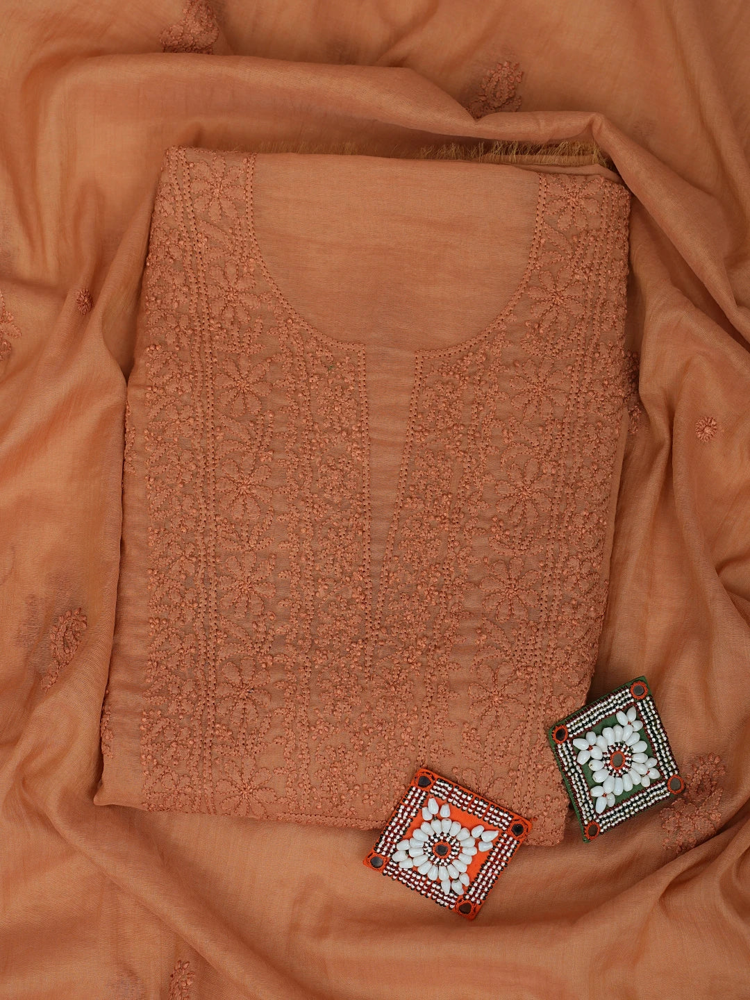 Ada Hand Embroidered Cinnamon brown Chanderi Lucknowi Chikankari Unstitched Kurta Dupatta Set 01A890064