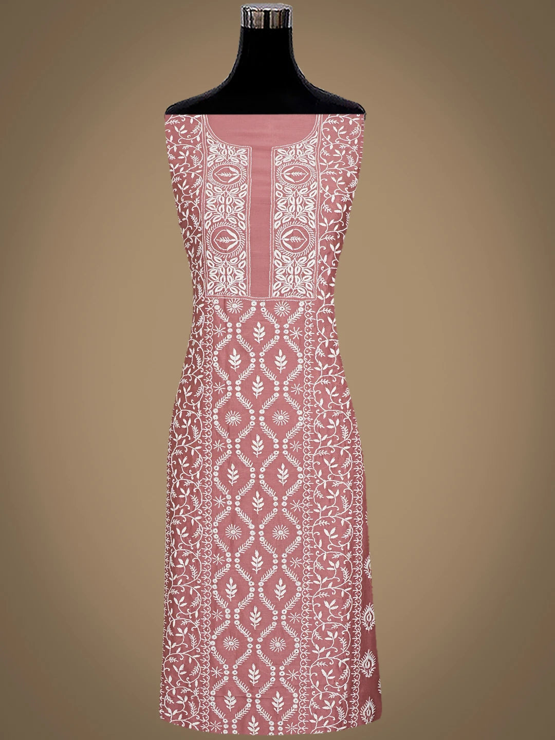 Ada Hand Embroidered Dusty Peach Chanderi Lucknowi Chikankari Unstitched Kurta Dupatta Set 01A932540