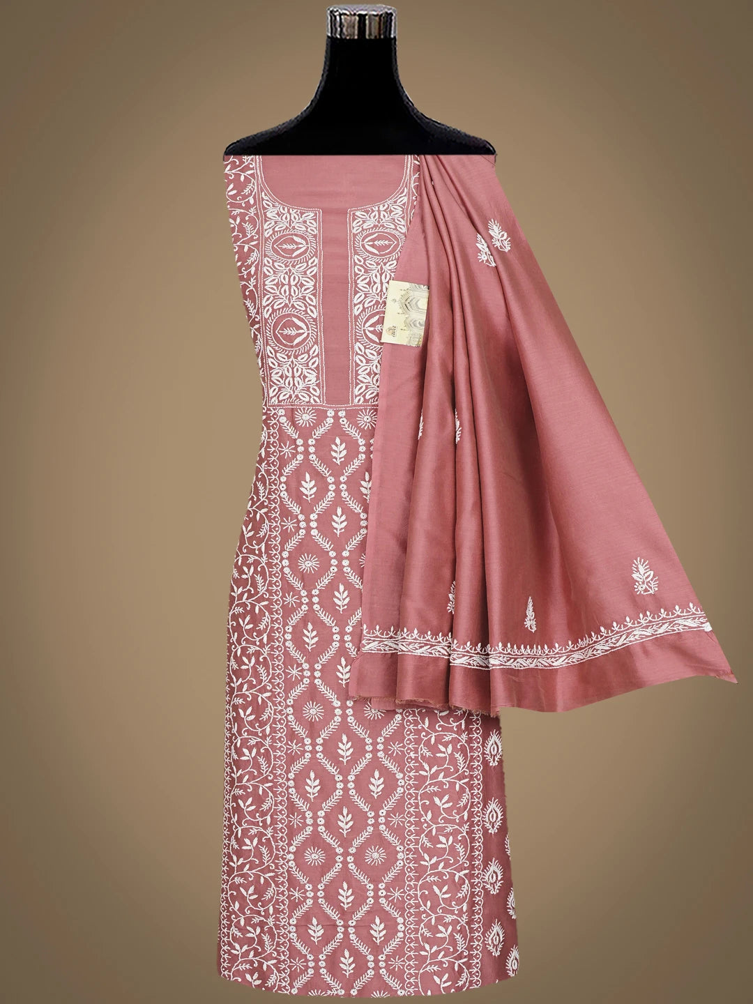 Ada Hand Embroidered Dusty Peach Chanderi Lucknowi Chikankari Unstitched Kurta Dupatta Set 01A932540