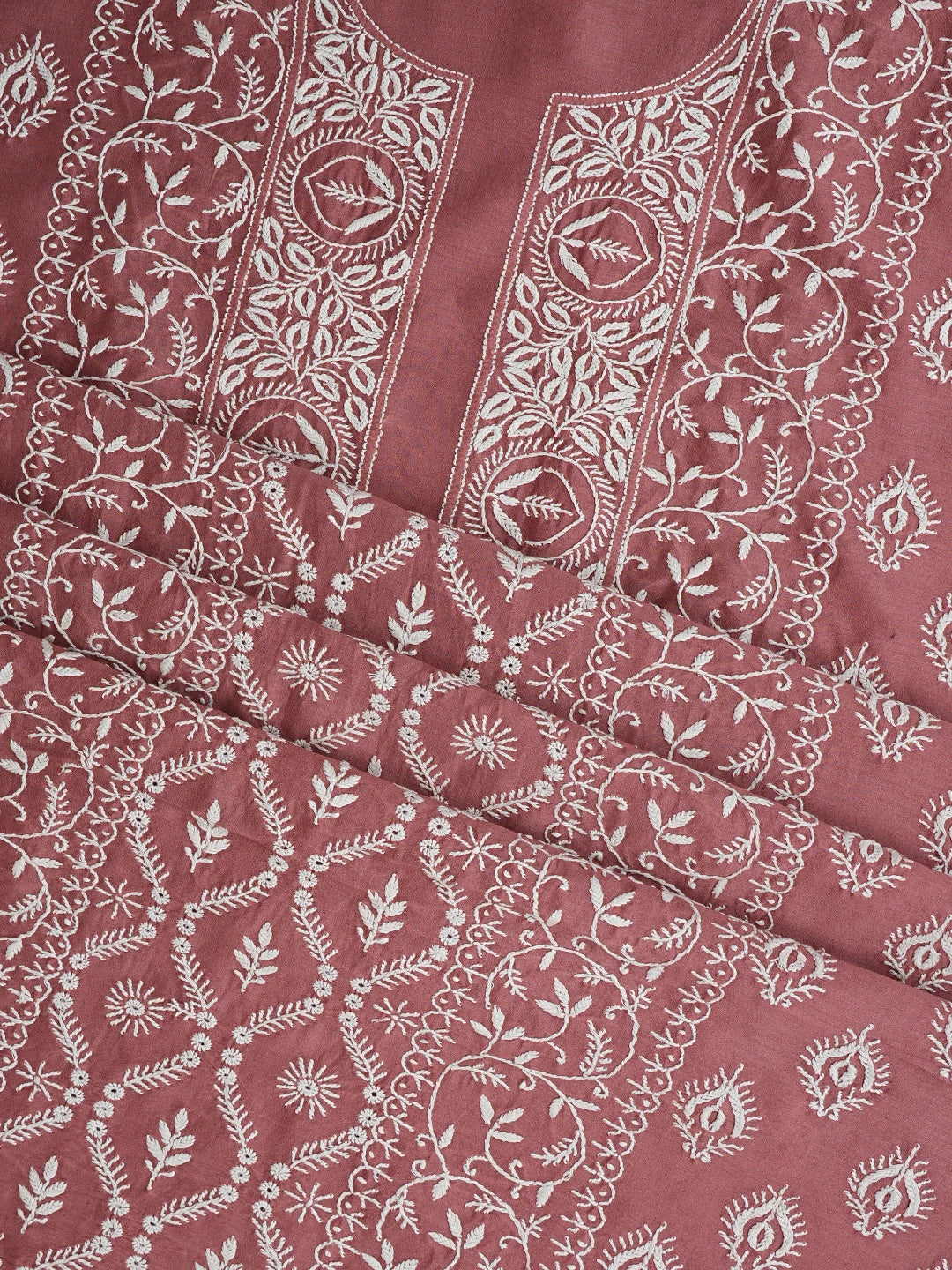 Ada Hand Embroidered Dusty Peach Chanderi Lucknowi Chikankari Unstitched Kurta Dupatta Set 01A932540