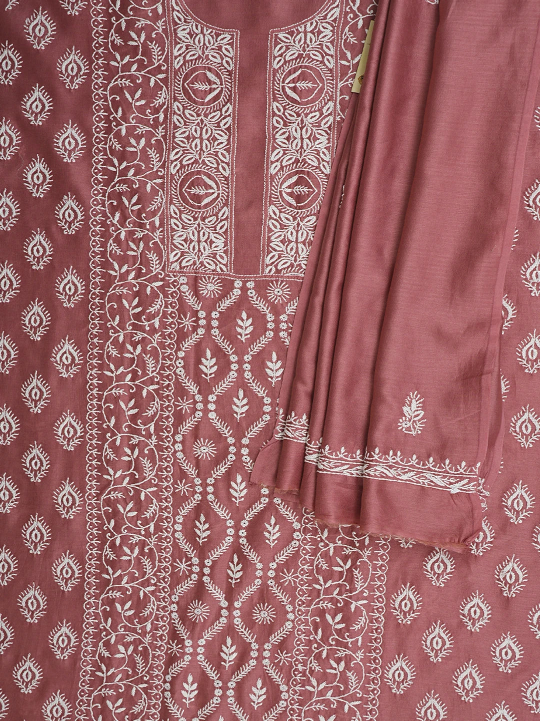 Ada Hand Embroidered Dusty Peach Chanderi Lucknowi Chikankari Unstitched Kurta Dupatta Set 01A932540