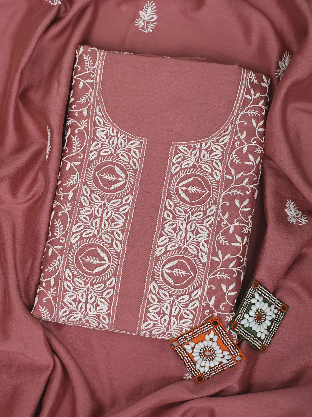Ada Hand Embroidered Dusty Peach Chanderi Lucknowi Chikankari Unstitched Kurta Dupatta Set 01A932540