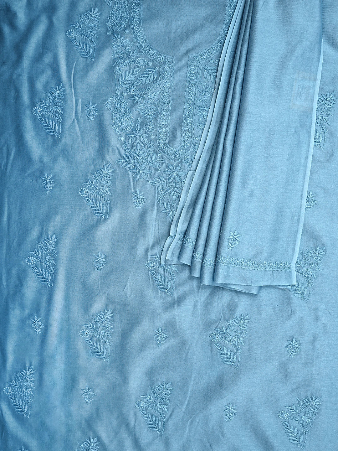 Ada Hand Embroidered Steel Blue Chanderi Lucknowi Chikankari Unstitched Kurta Dupatta Set 01A932533