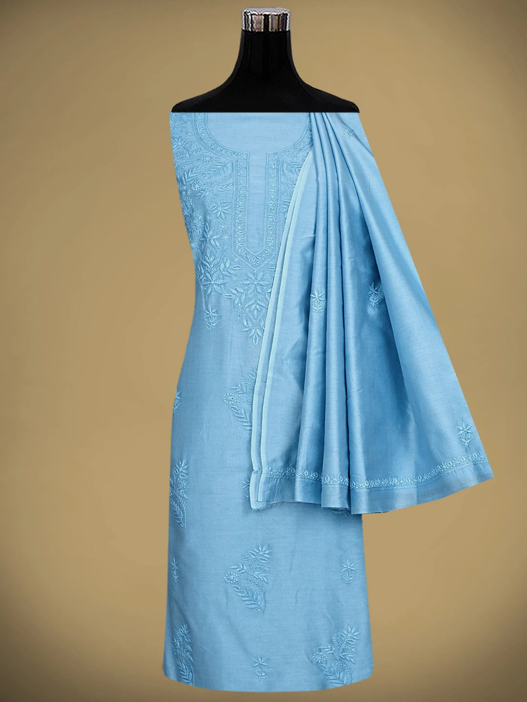 Ada Hand Embroidered Steel Blue Chanderi Lucknowi Chikankari Unstitched Kurta Dupatta Set 01A932533