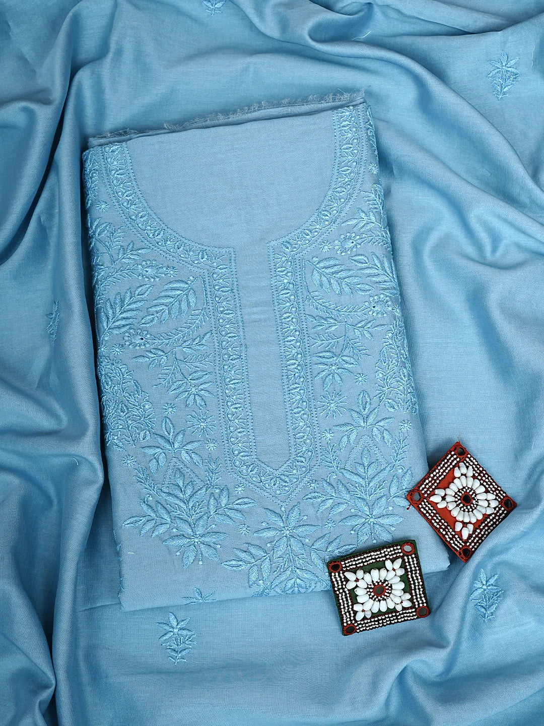 Ada Hand Embroidered Steel Blue Chanderi Lucknowi Chikankari Unstitched Kurta Dupatta Set 01A932533