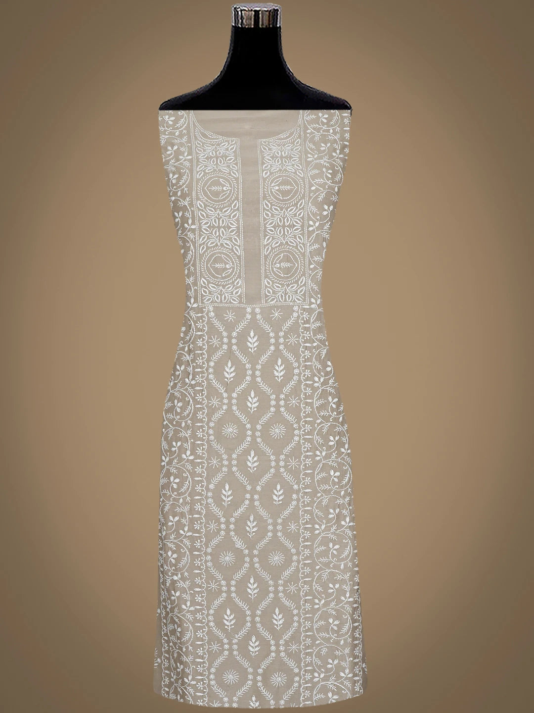 Ada Hand Embroidered Light Sand Brown Chanderi Lucknowi Chikankari Unstitched Kurta Dupatta Set 01A932541