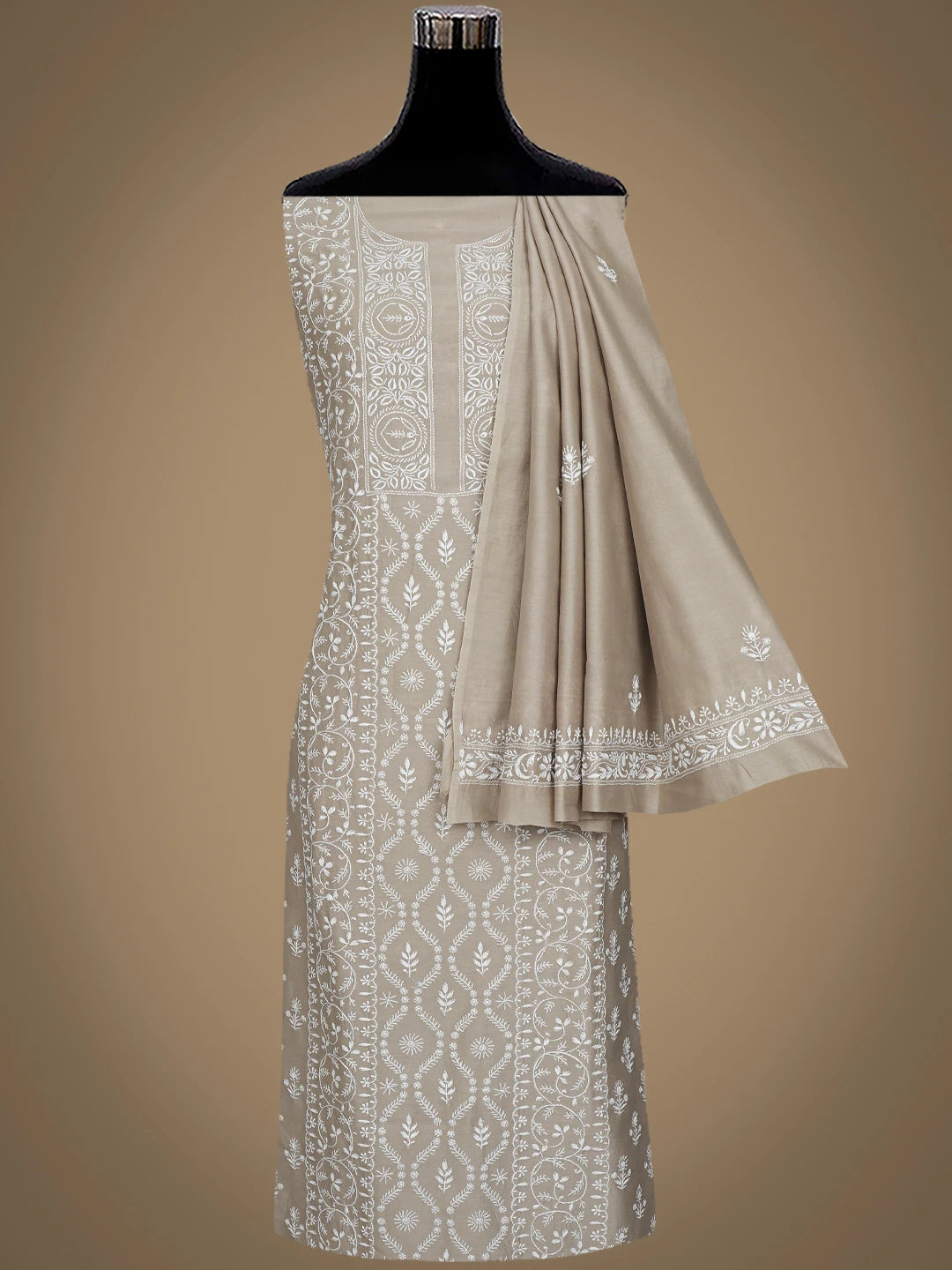 Ada Hand Embroidered Light Sand Brown Chanderi Lucknowi Chikankari Unstitched Kurta Dupatta Set 01A932541