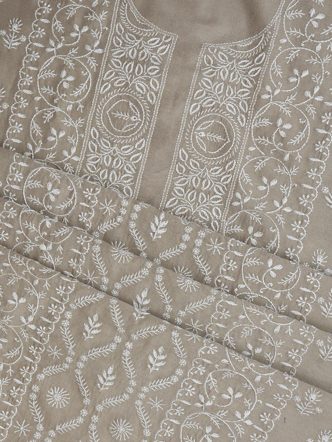 Ada Hand Embroidered Light Sand Brown Chanderi Lucknowi Chikankari Unstitched Kurta Dupatta Set 01A932541