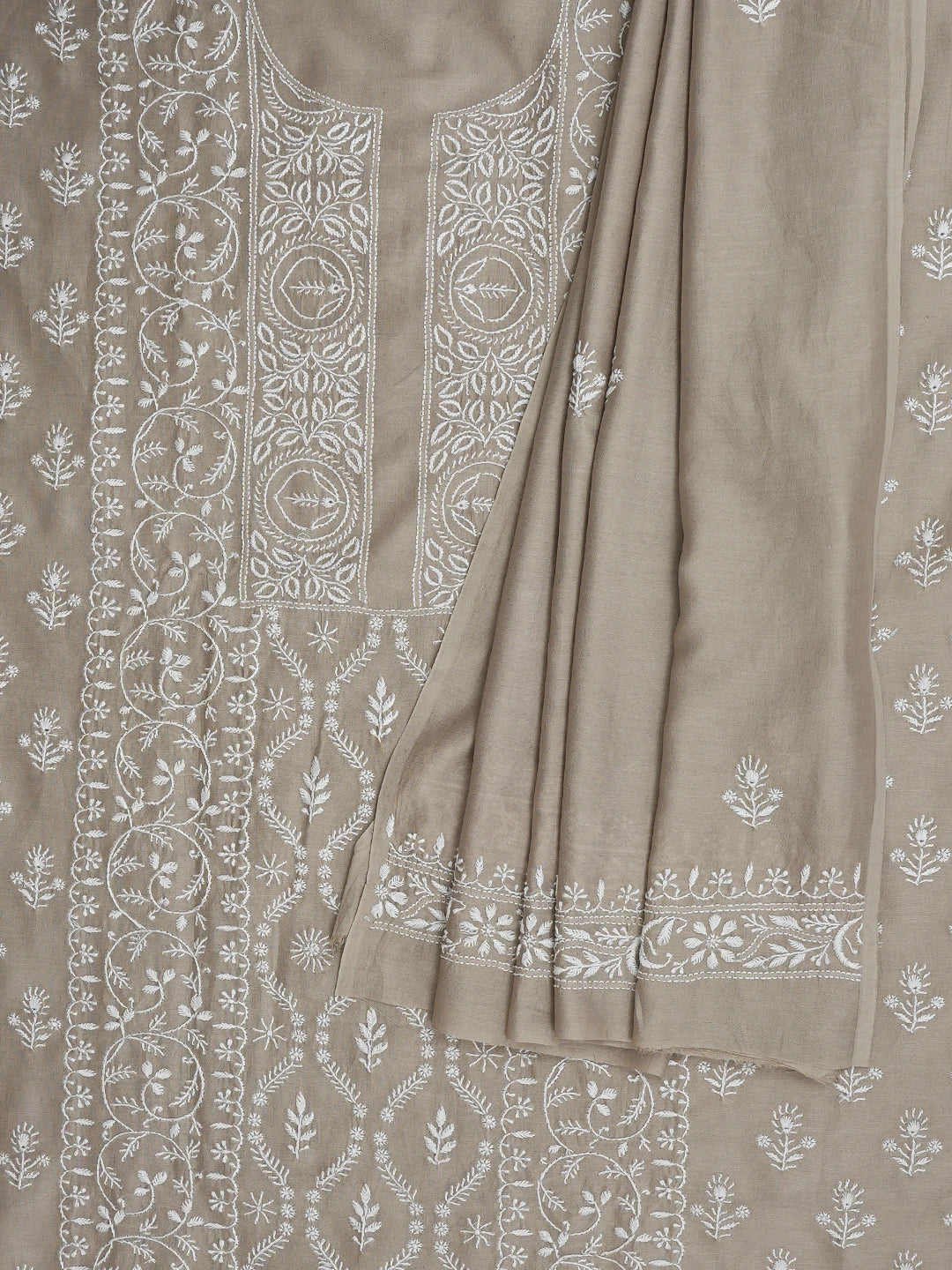 Ada Hand Embroidered Light Sand Brown Chanderi Lucknowi Chikankari Unstitched Kurta Dupatta Set 01A932541