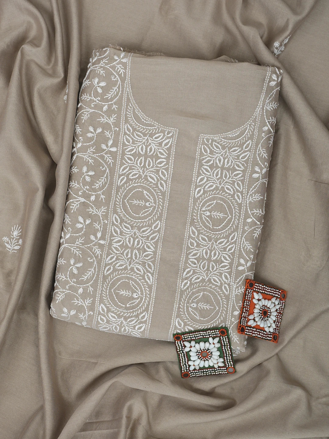 Ada Hand Embroidered Light Sand Brown Chanderi Lucknowi Chikankari Unstitched Kurta Dupatta Set 01A932541